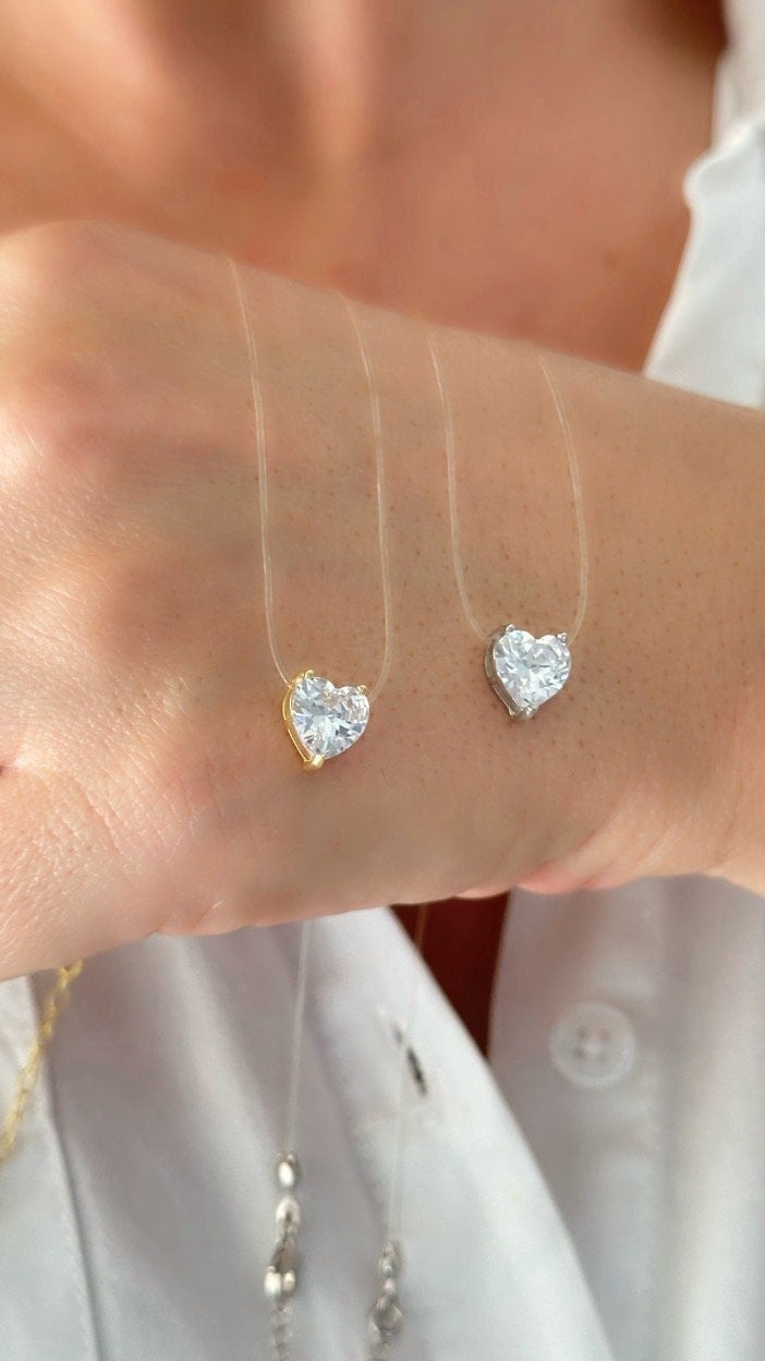 Sterling Silver Heart Necklace: Princess Cut CZ Diamond Pendant, Invisible Thread  Chain, Bridesmaid Gift