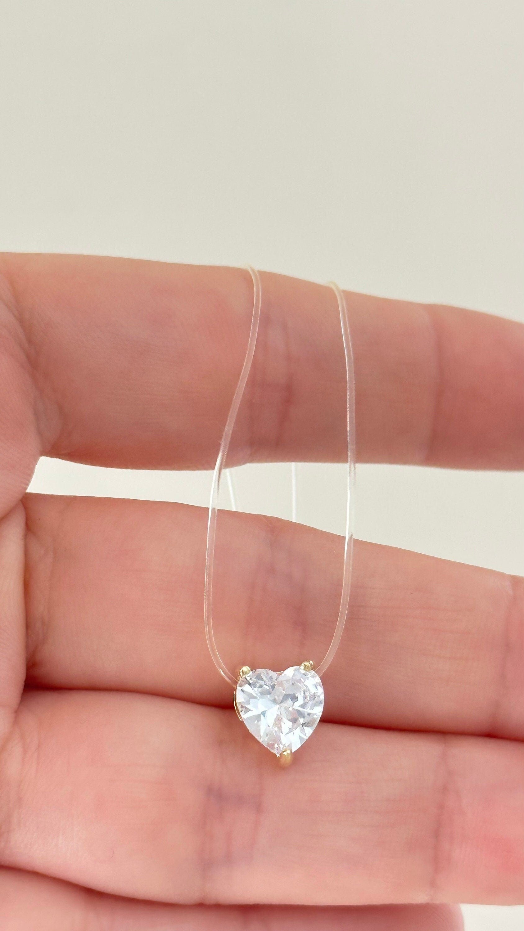 Sterling Silver Heart Necklace: Princess Cut CZ Diamond Pendant, Invisible Thread  Chain, Bridesmaid Gift