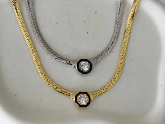 Herringbone chain necklace with CZ gemmstone pendant in sterling silver 14k gold plated Handmade Jewelry Women gifts