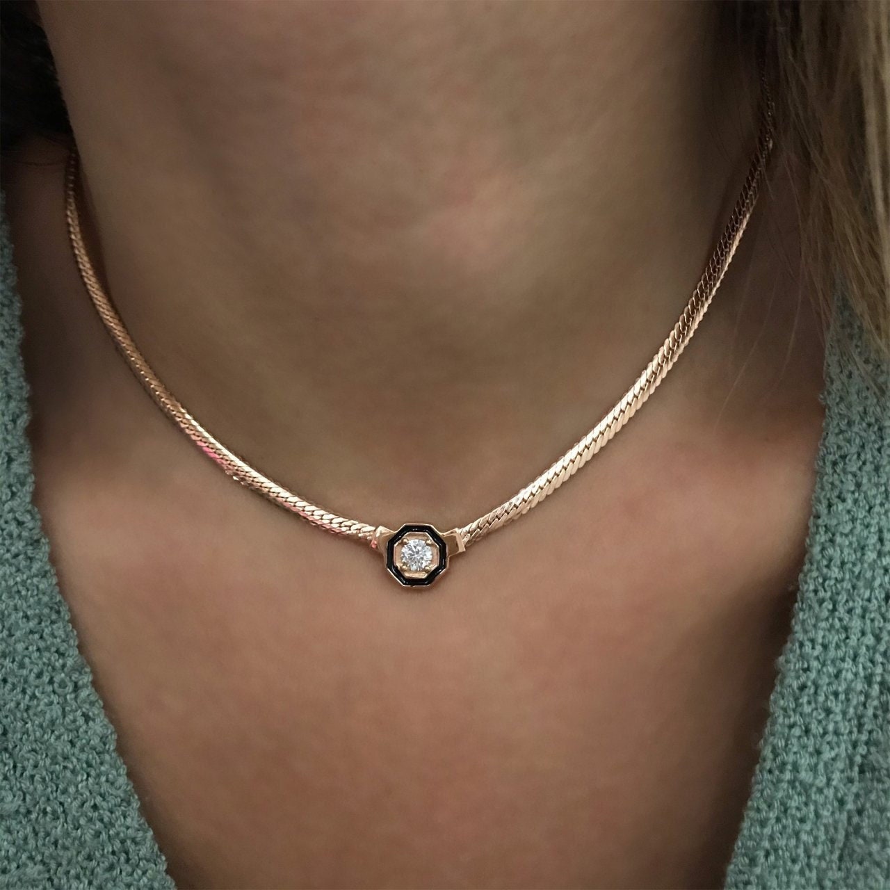 Sterling Silver Herringbone Necklace, Snake Chain Choker with CZ Diamond Layering Necklaces for her