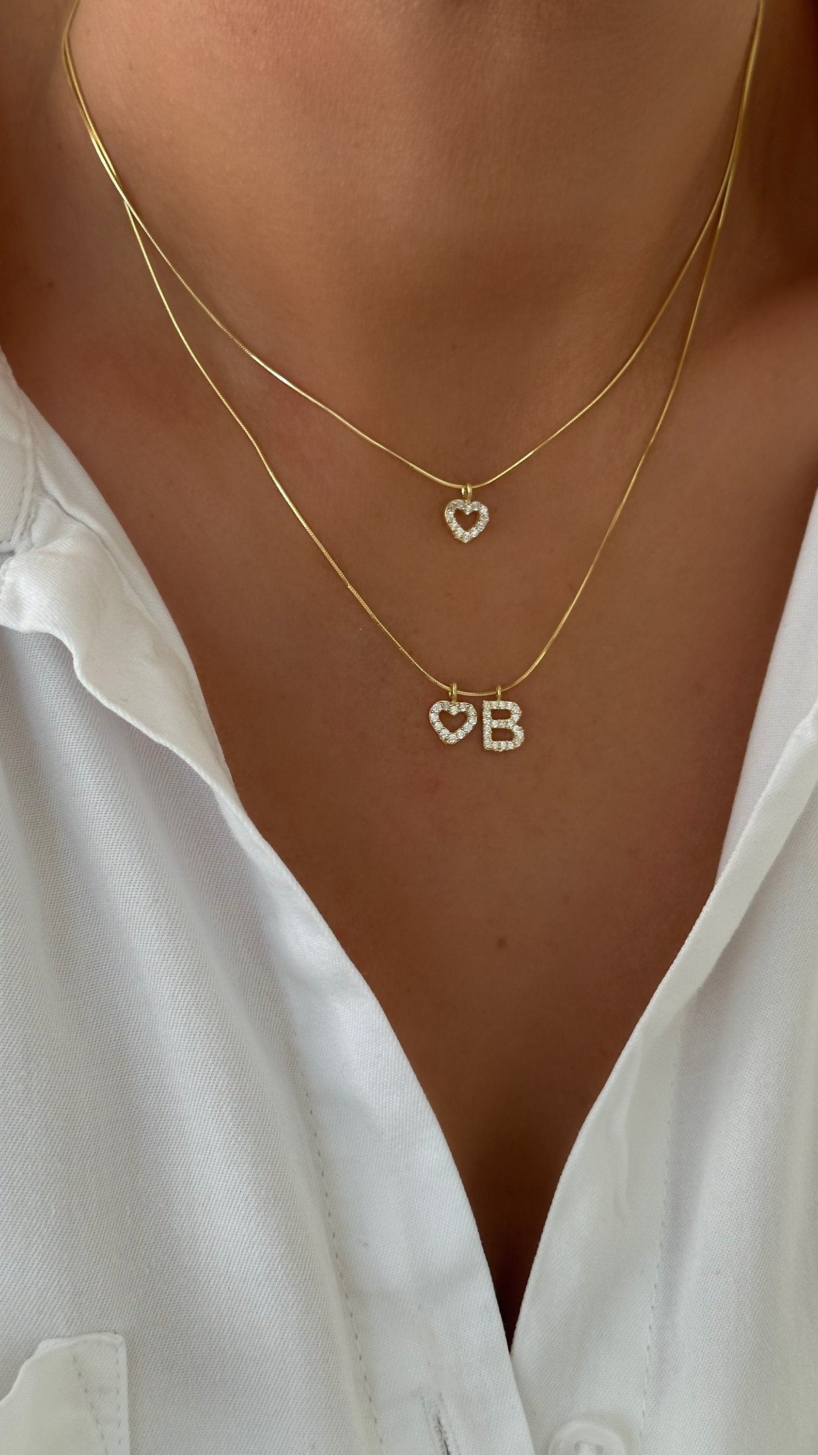 Sterling Silver Initial Heart Necklace: Personalized CZ Diamond Pendant Jewelry Gift for Her