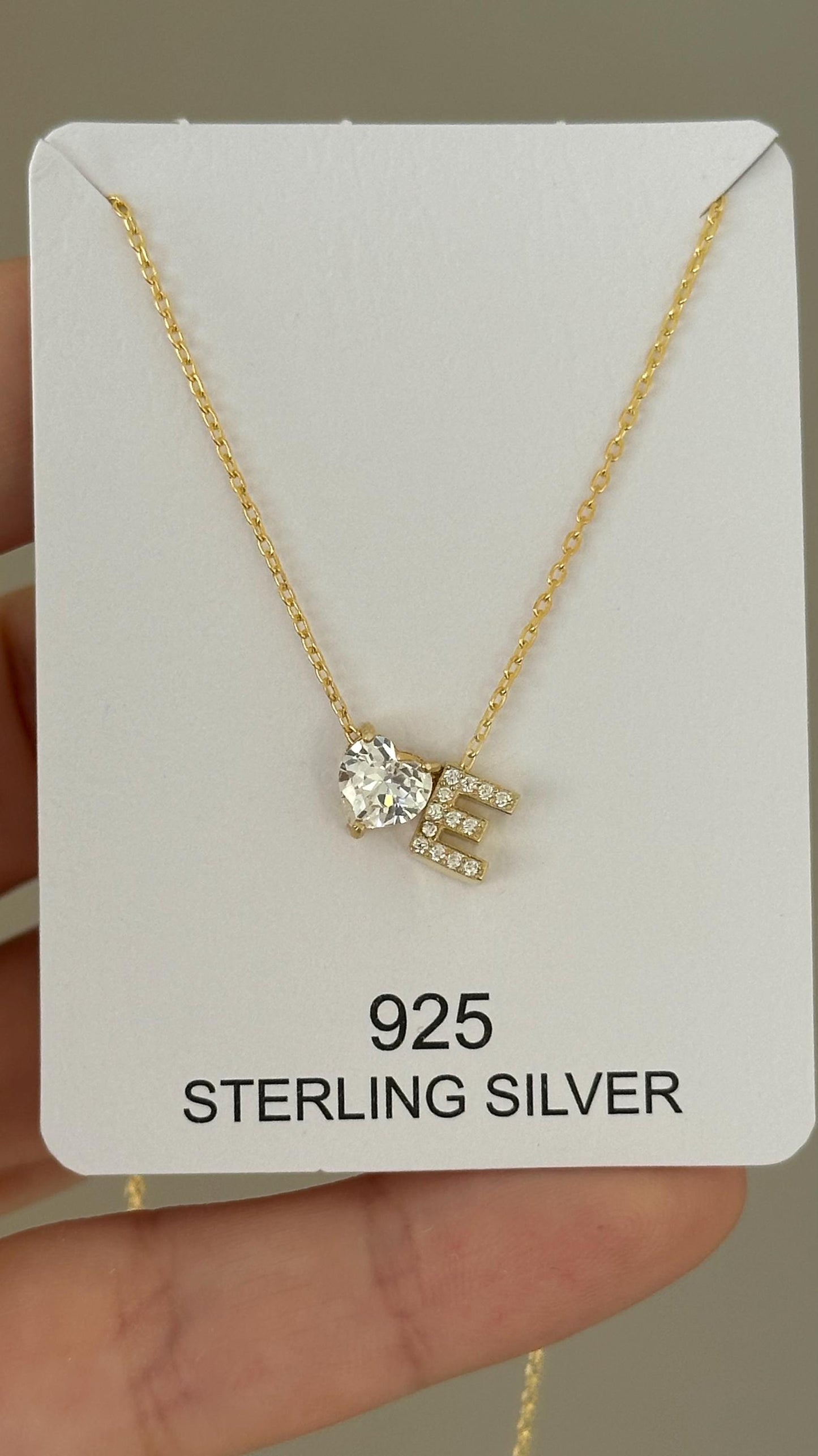 Sterling Silver Initial Heart Necklace: Personalized 3d CZ Diamond Pendant 14k Gold Plated