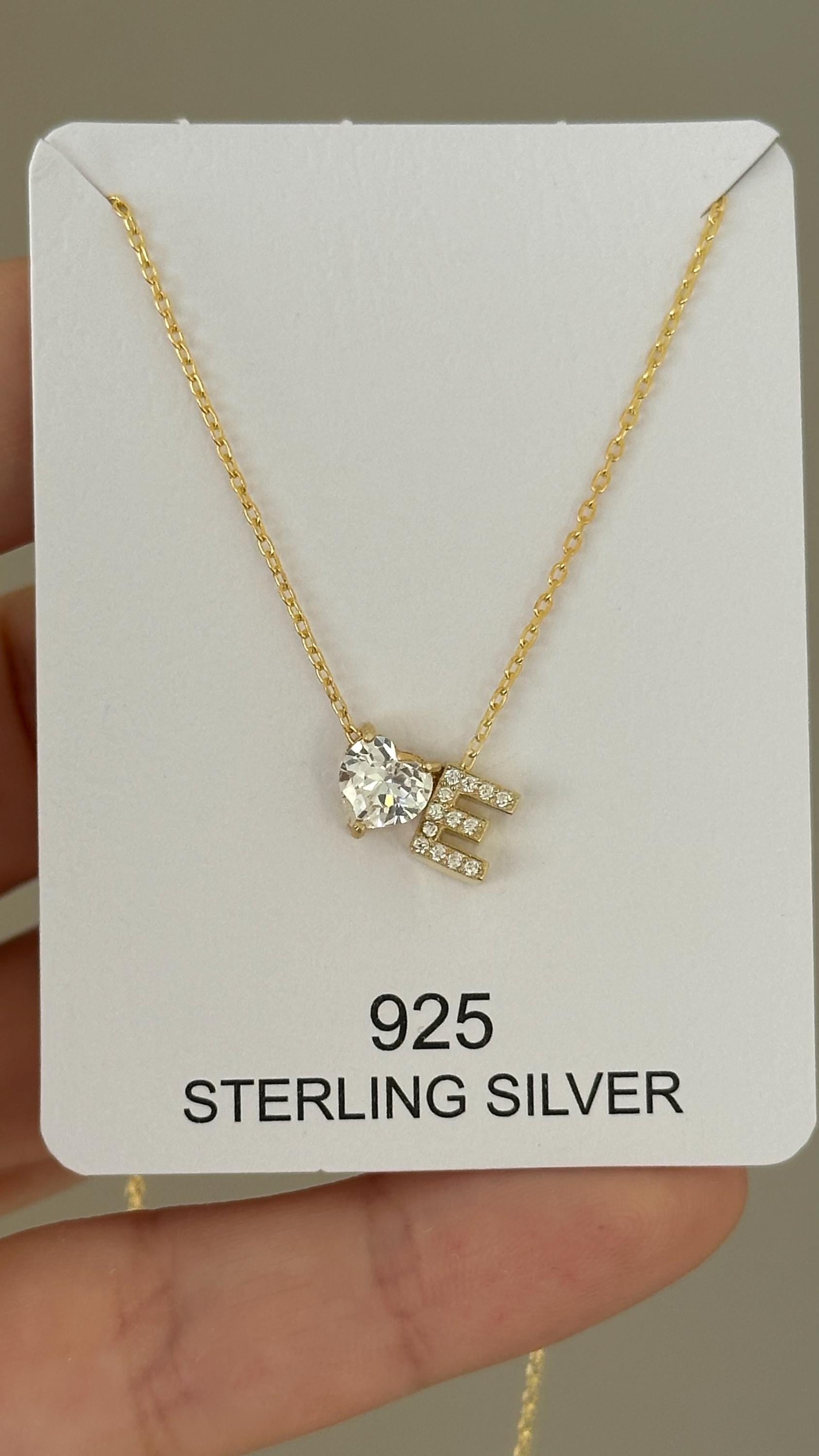Sterling Silver Initial Heart Necklace: Personalized 3d CZ Diamond Pendant 14k Gold Plated