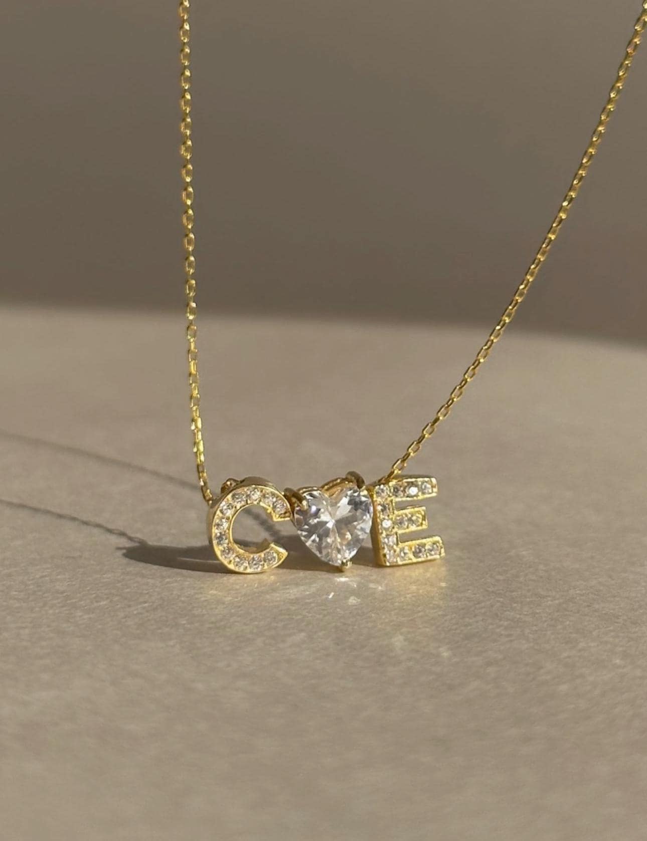 Sterling Silver Initial Heart Necklace: Personalized 3d CZ Diamond Pendant 14k Gold Plated