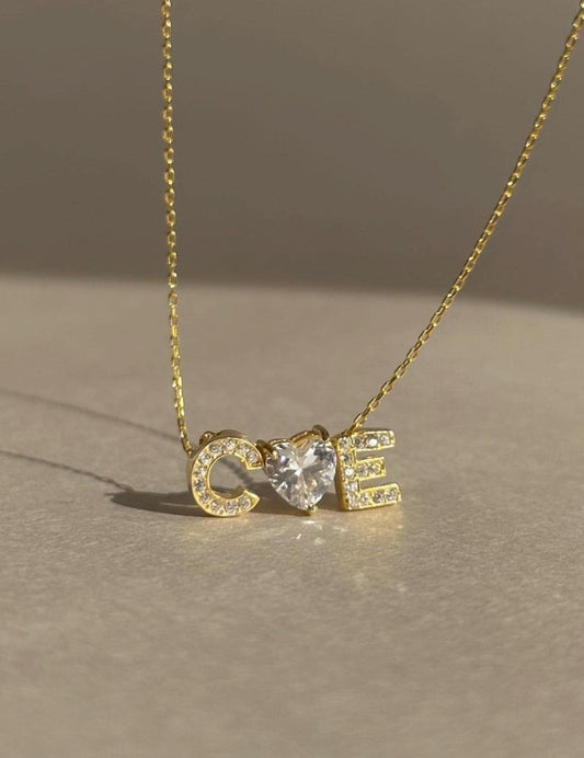 Sterling Silver Initial Heart Necklace: Personalized 3d CZ Diamond Pendant 14k Gold Plated