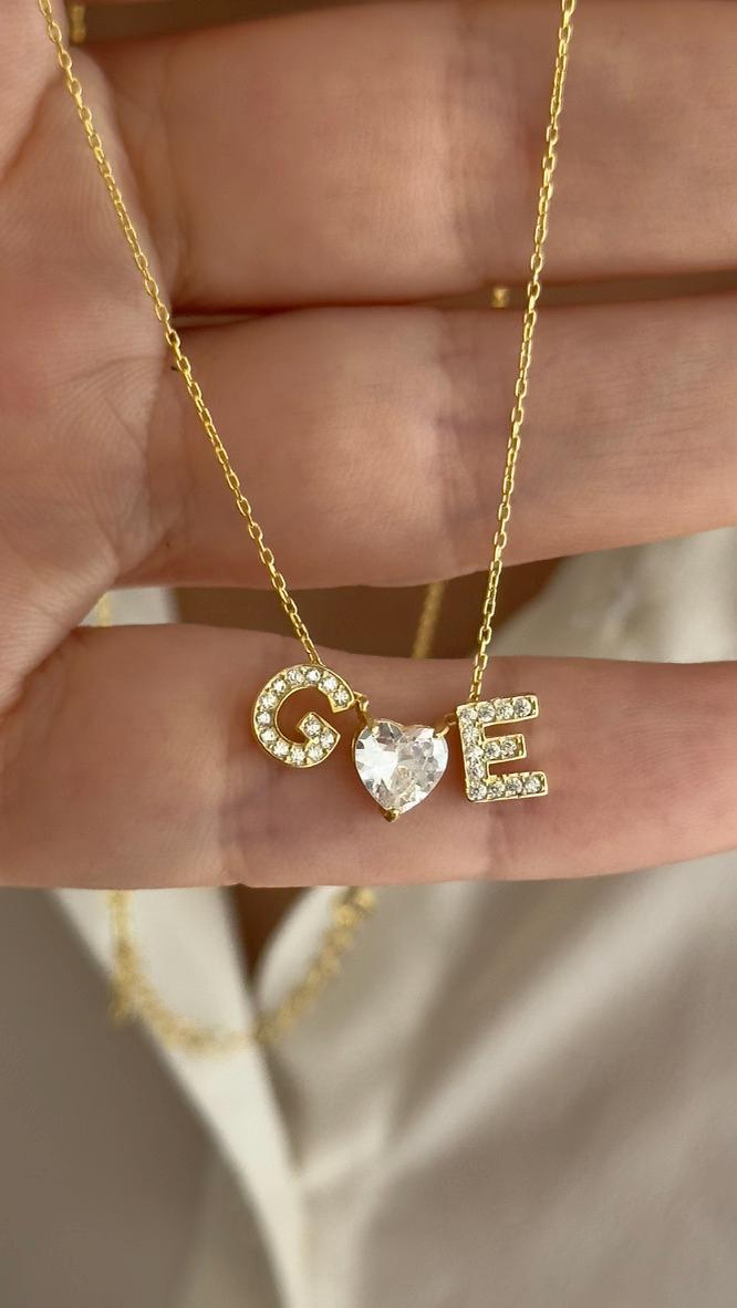 Sterling Silver Initial Heart Necklace: Personalized 3d CZ Diamond Pendant 14k Gold Plated