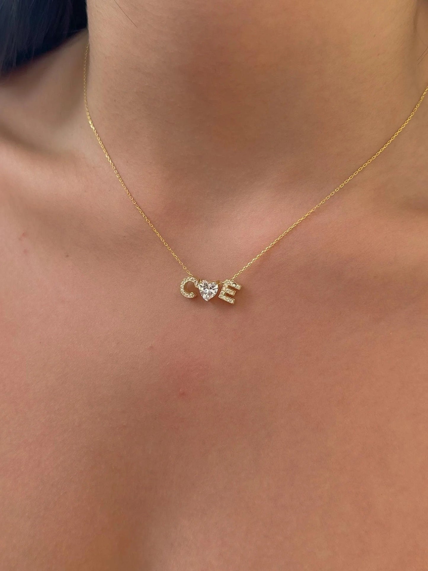 Sterling Silver Initial Heart Necklace: Personalized 3d CZ Diamond Pendant 14k Gold Plated