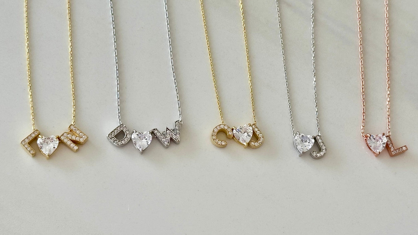 Sterling Silver Initial Heart Necklace: Personalized 3d CZ Diamond Pendant 14k Gold Plated