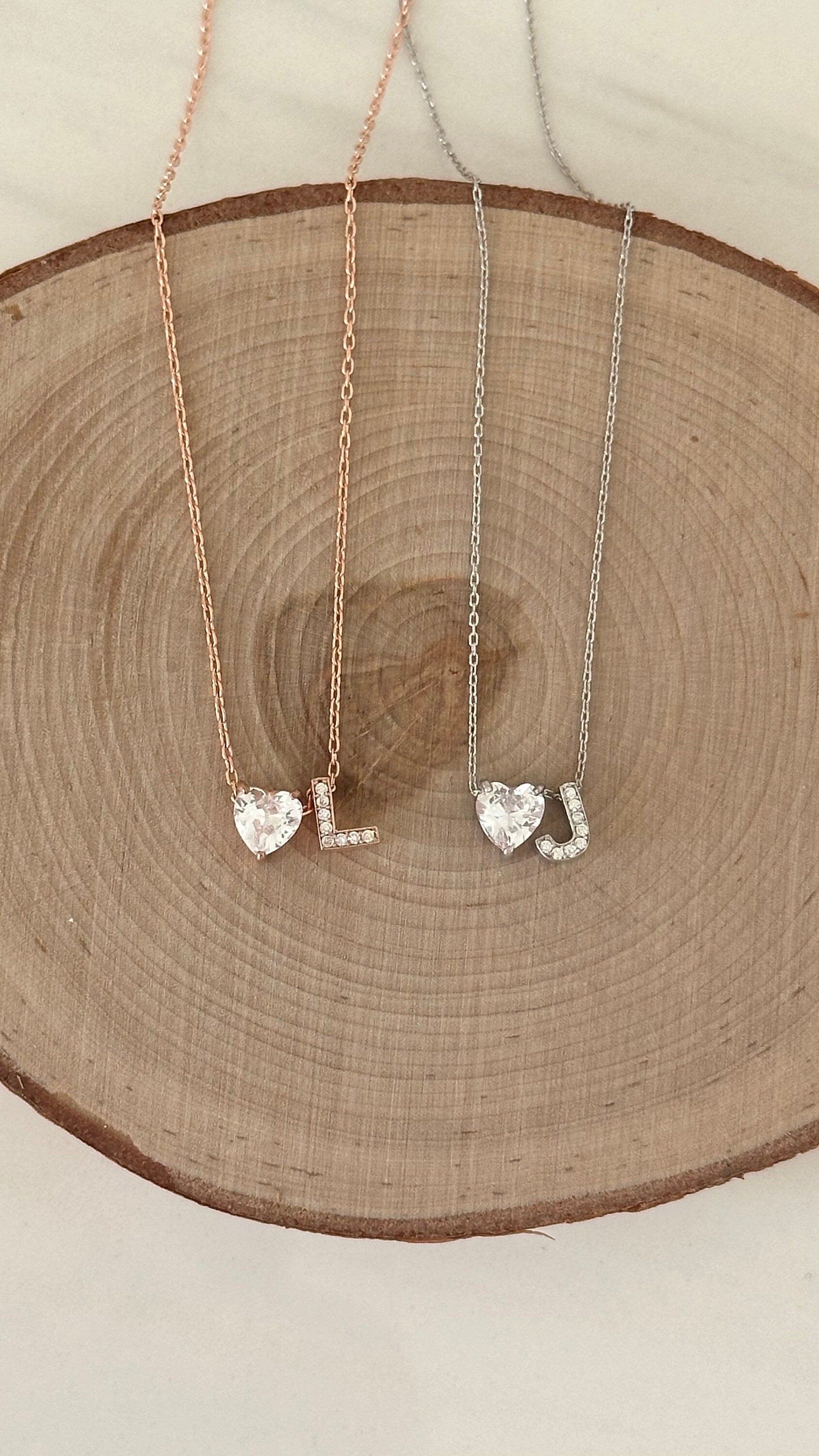 Sterling Silver Initial Heart Necklace: Personalized 3d CZ Diamond Pendant 14k Gold Plated