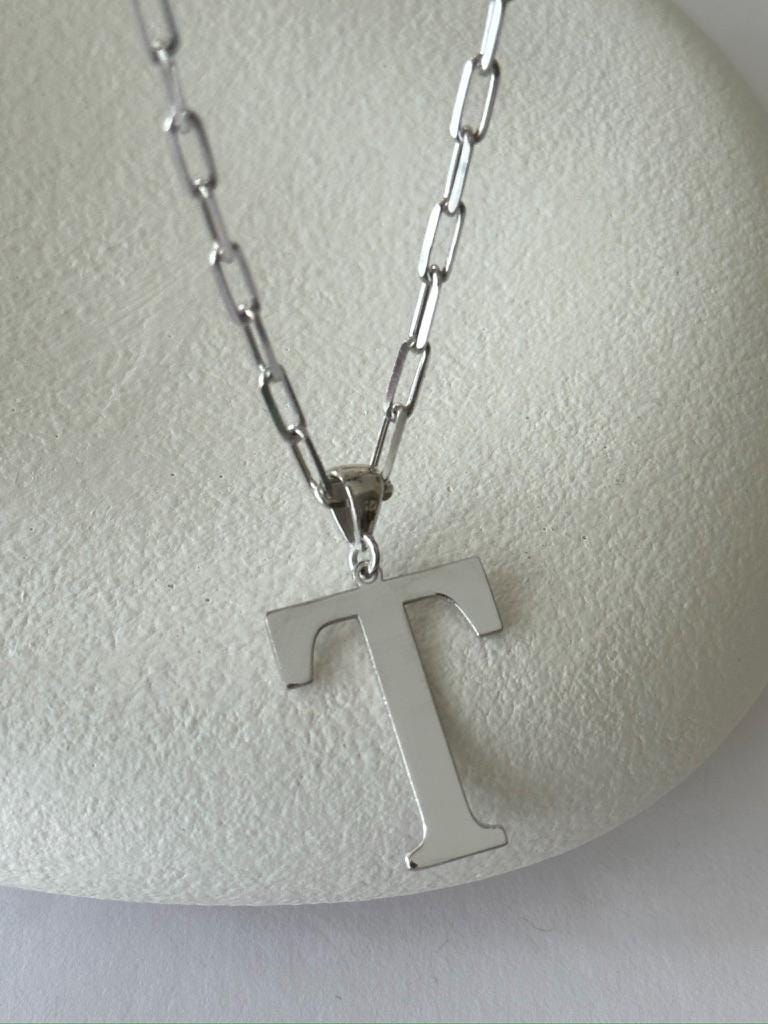 Sterling Silver Initial Letter Necklace: Oversized Personalized Pendant Jewelry Gift