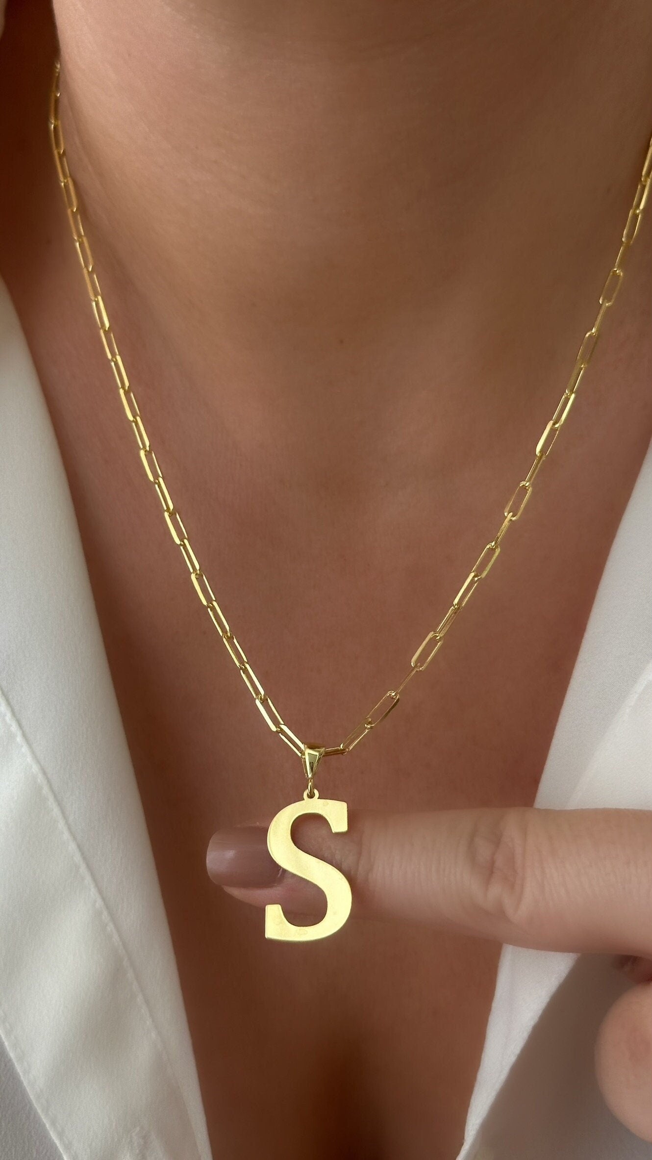 Large initial necklace oversized letter pendant in gold 925 sterling silver link chain custom jewelry personalized gift for women men