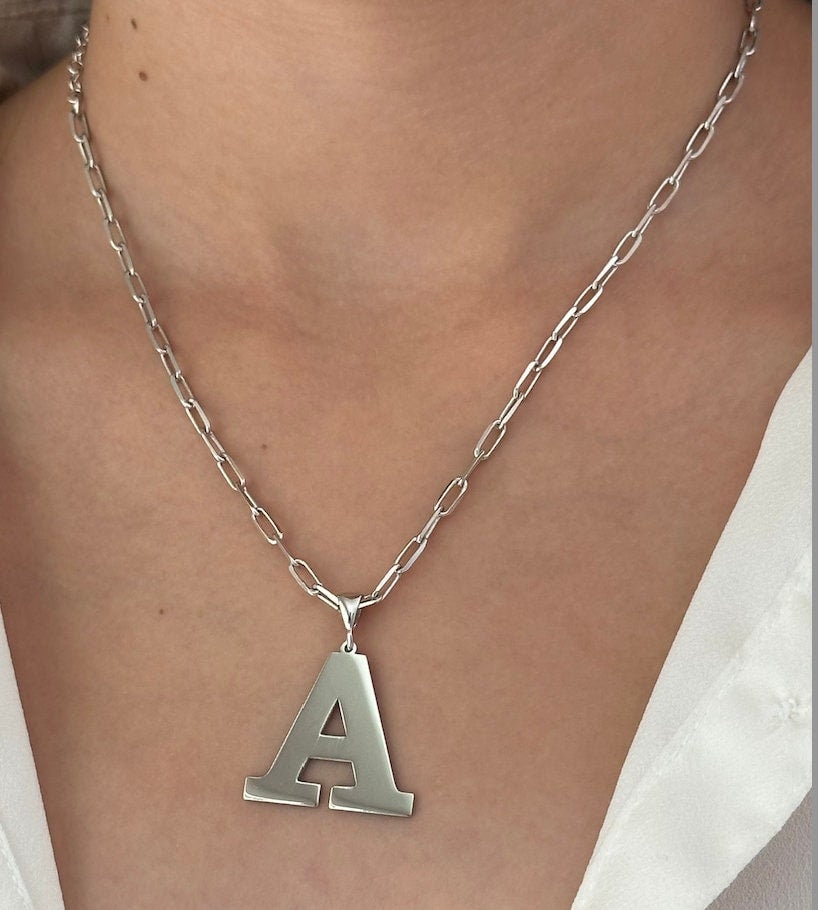 Sterling Silver Initial Letter Necklace: Oversized Personalized Pendant Jewelry Gift