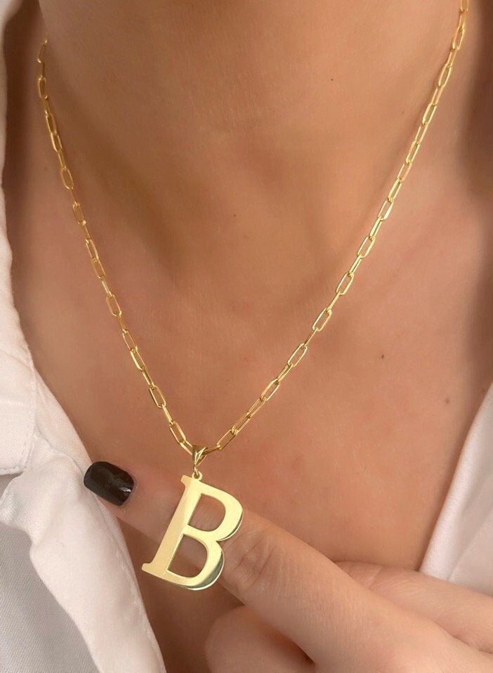 Large initial letter necklace in sterling silver with oversized pendant link chain 14k gold plated custom necklace personalized gifts women men