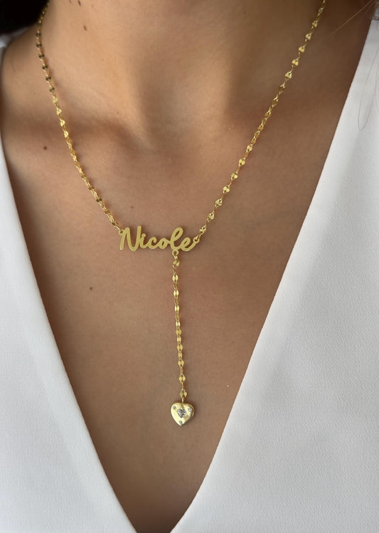 Custom Name Necklace, Lariat Y Necklace Gold, Drop Name Necklace, Diamond Heart Pendant, Personalized Jewelry, Gift for Her, Gifts for Women, Handmade Jewelry