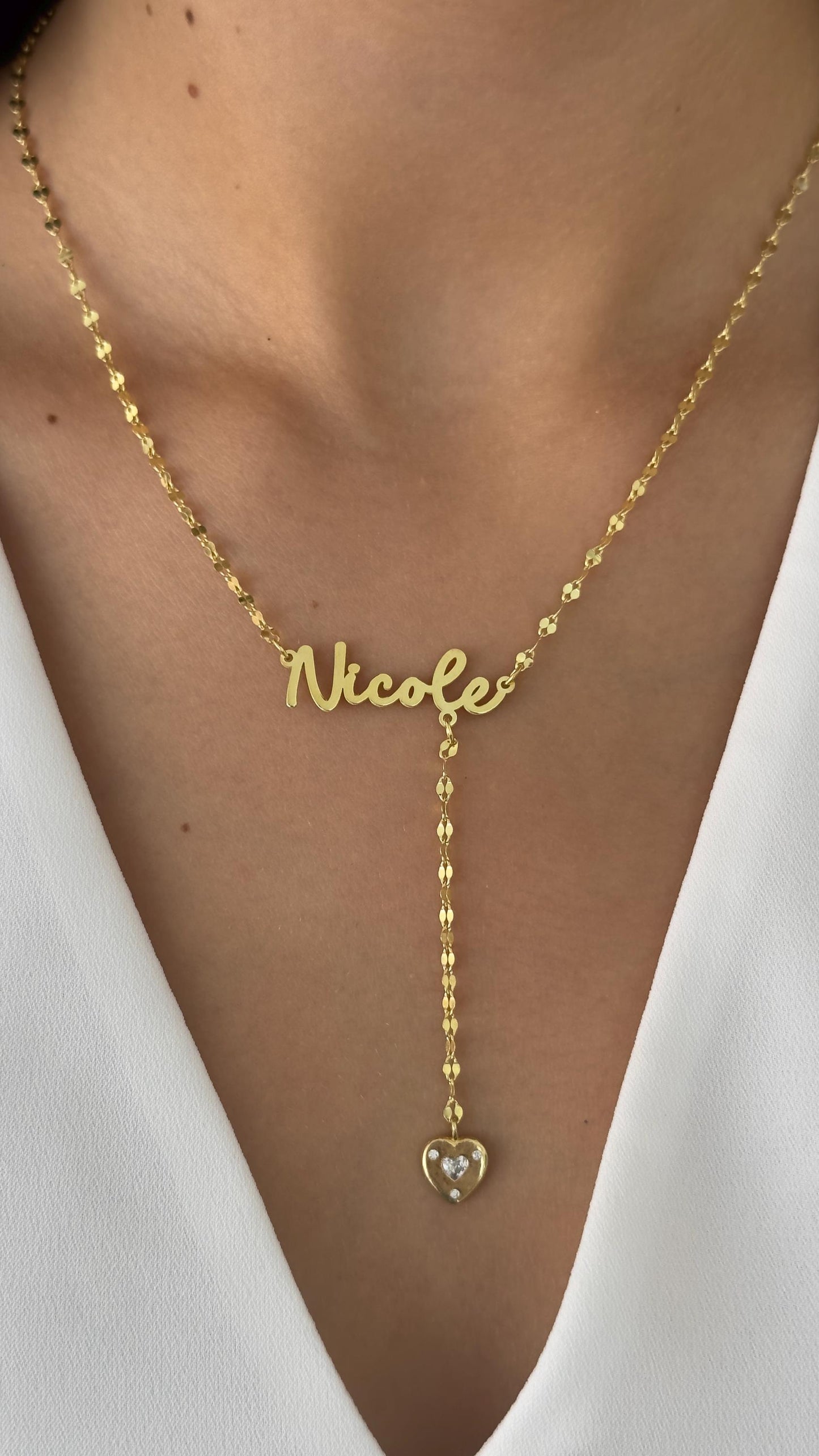 Sterling Silver Lariat Name Necklace: Custom 3D Heart Drop Pendant Personalized Unique Jewelry