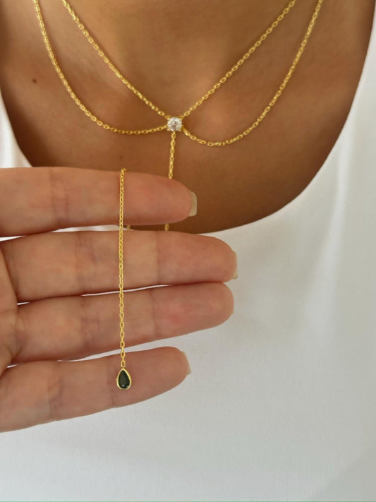 Unique Lariat necklace with solitaire diamond, double strand chains lon y shape drop chaon with dangle gemstone, 925 sterling silver, gift for woman, mom, bride, wedding, bridesmaid, wife, sister, best friend, girlfriend.