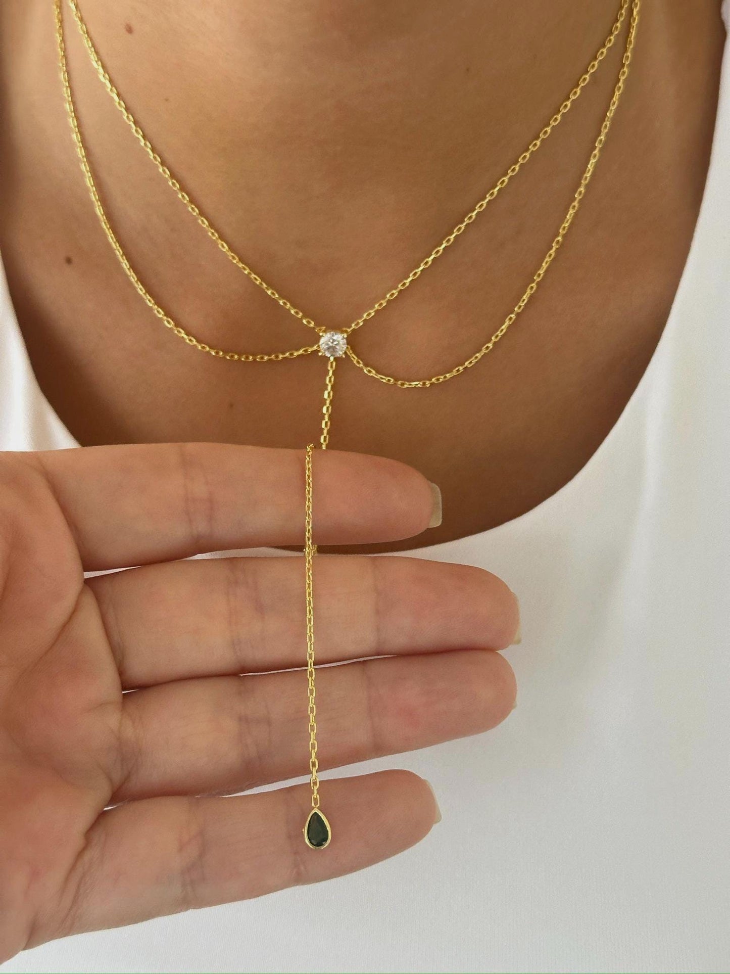 Sterling Silver Lariat Necklace: CZ Solitaire Diamond Pendant, 14k Gold Plated Jewelry