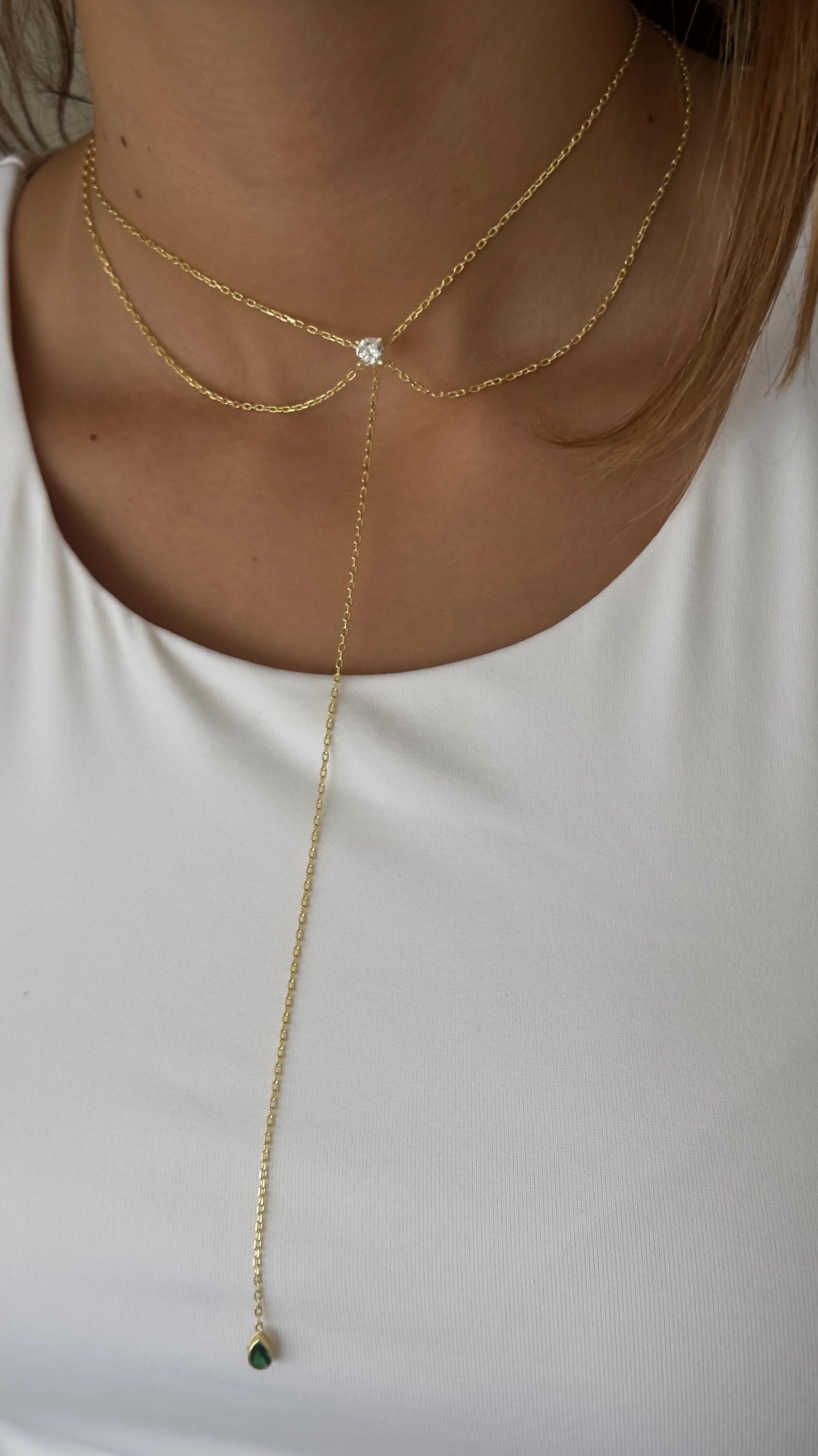 Sterling Silver Lariat Necklace: CZ Solitaire Diamond Pendant, 14k Gold Plated Jewelry