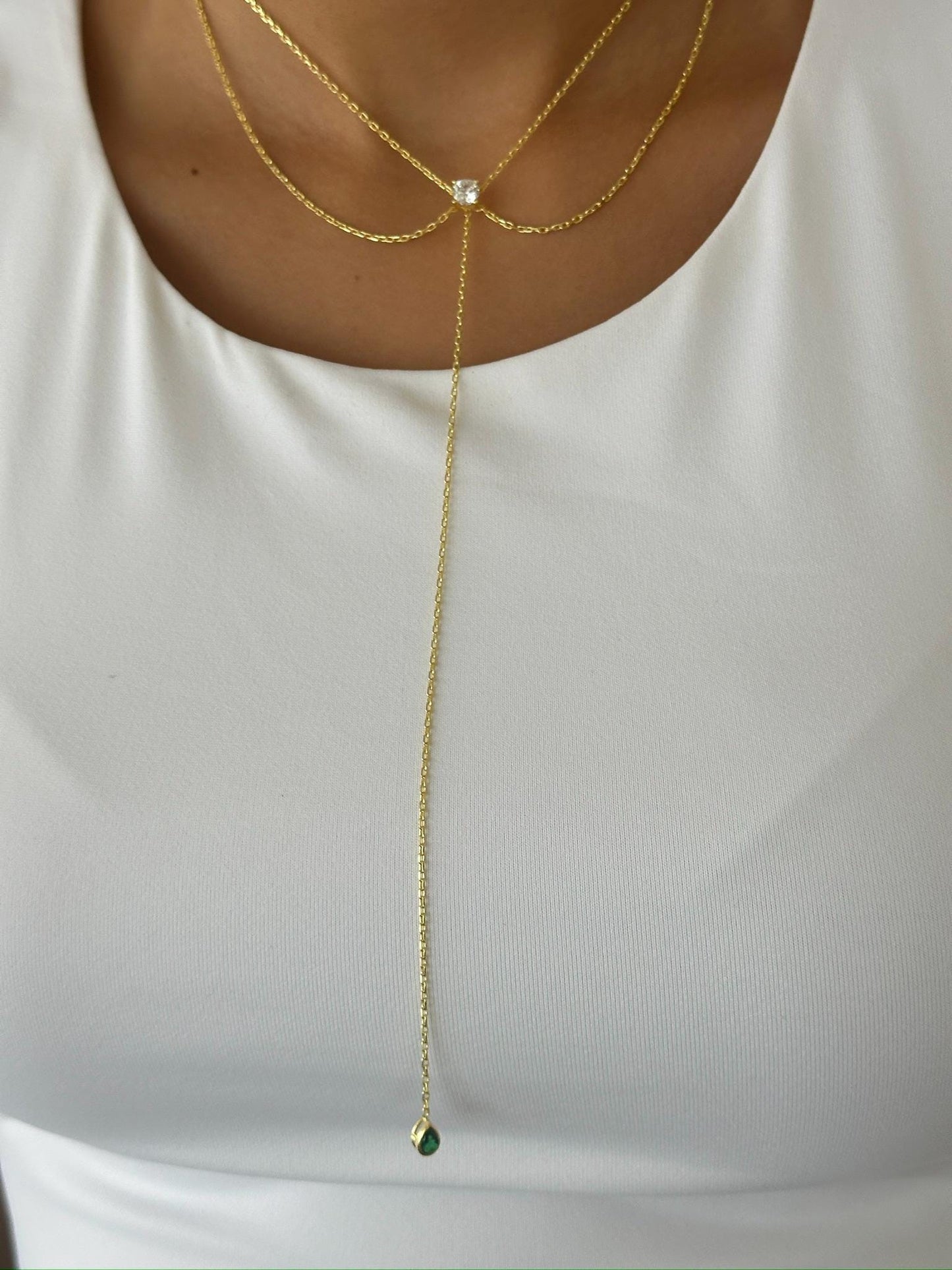 Sterling Silver Lariat Necklace: CZ Solitaire Diamond Pendant, 14k Gold Plated Jewelry