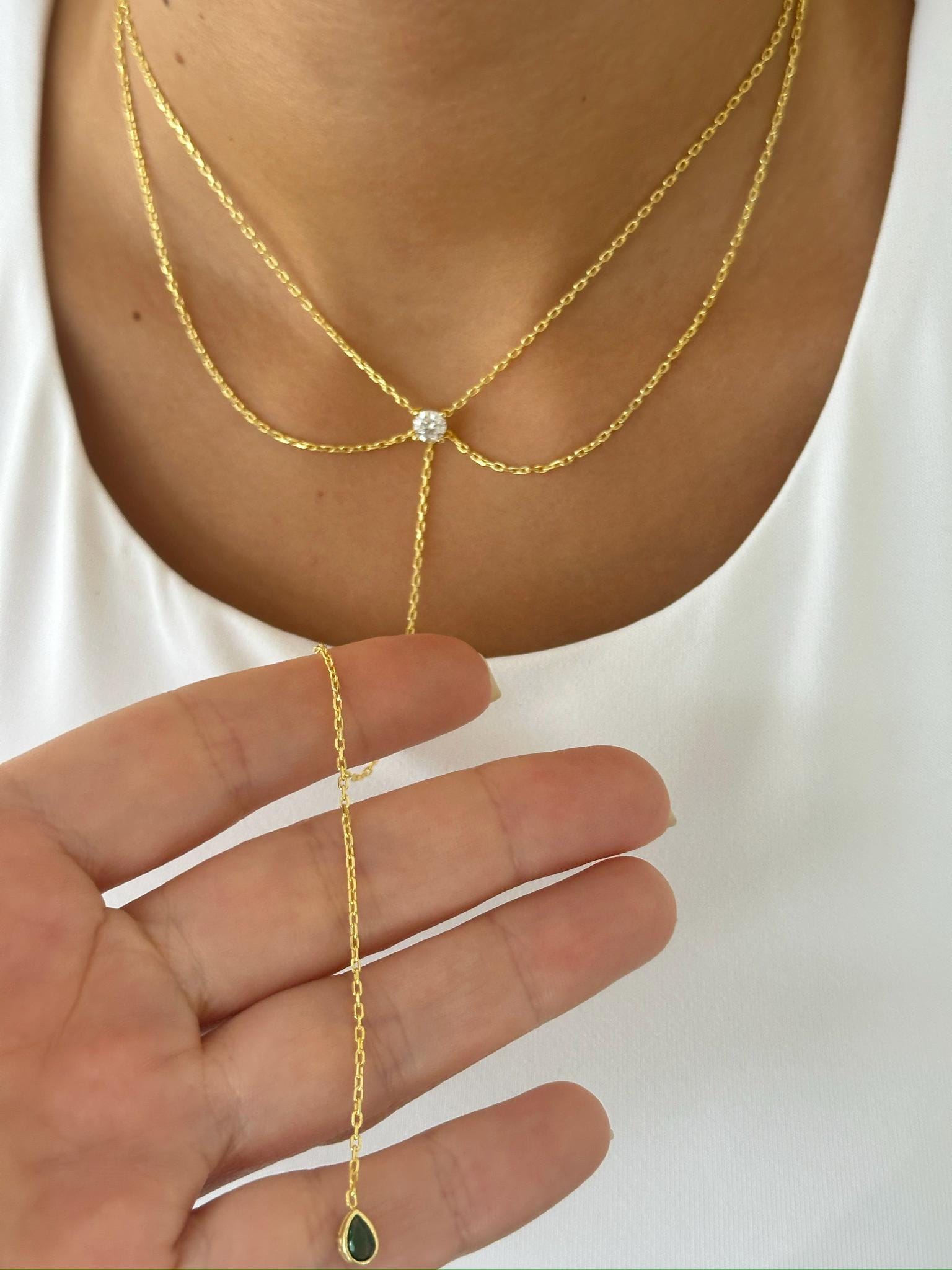 Sterling Silver Lariat Necklace: CZ Solitaire Diamond Pendant, 14k Gold Plated Jewelry