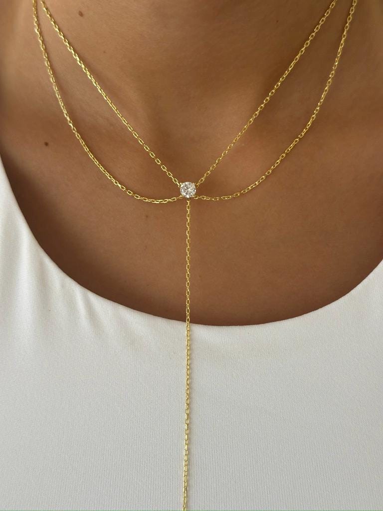 Sterling Silver Lariat Necklace: CZ Solitaire Diamond Pendant, 14k Gold Plated Jewelry