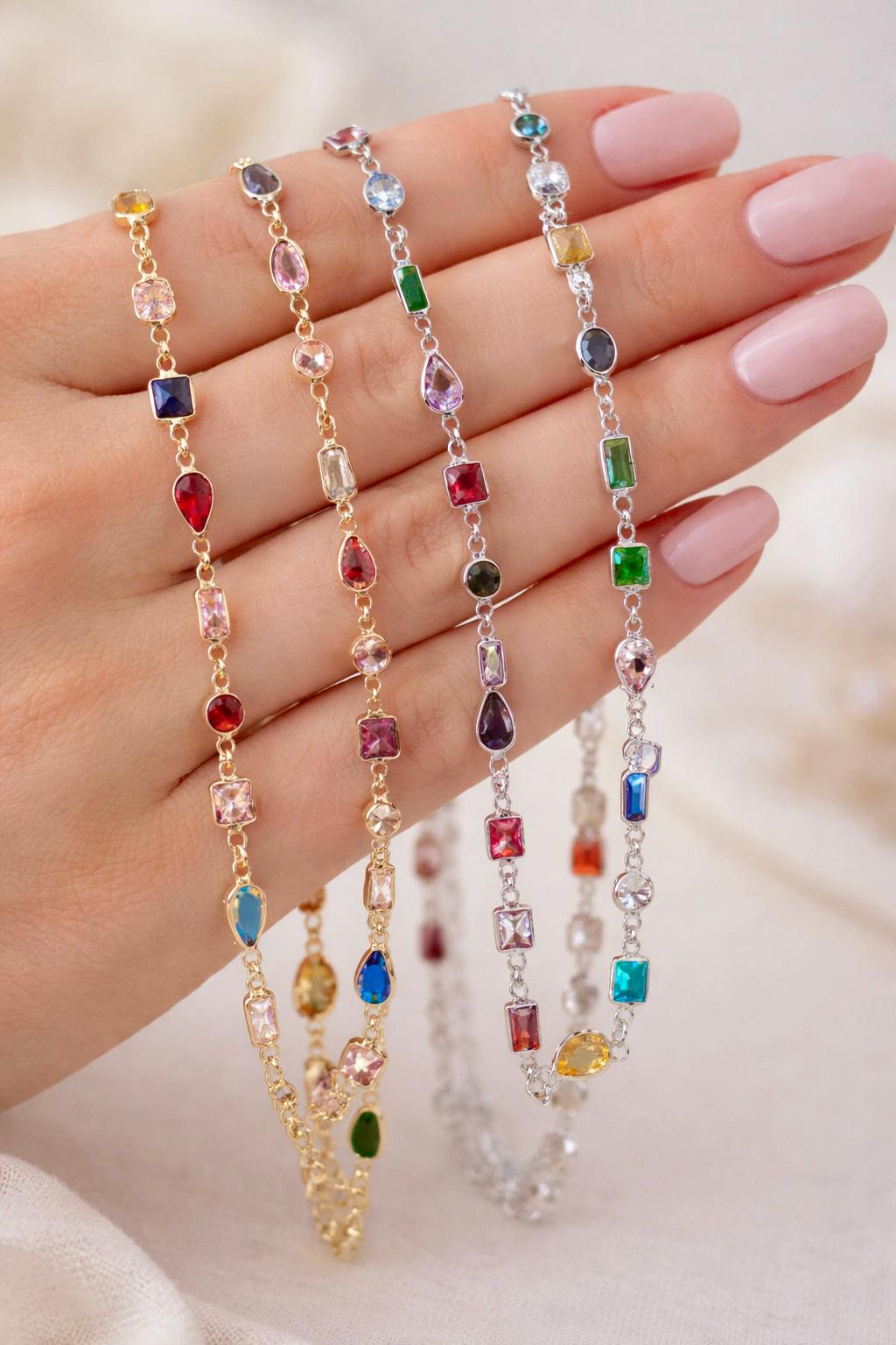 Sterling Silver Lariat Necklace: Multicolor Gemstone Long Y Drop, 14K Gold Plated