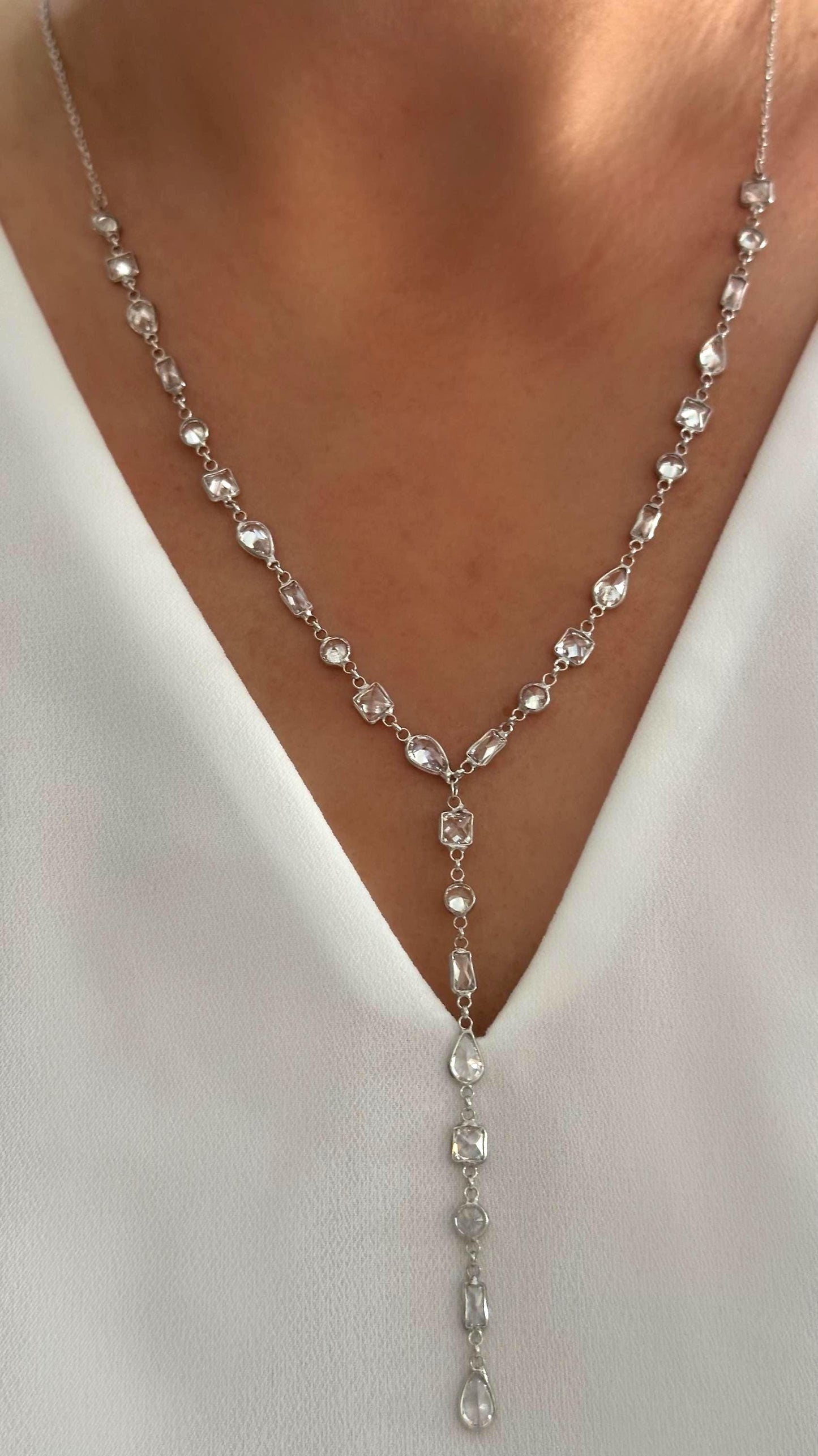 Sterling Silver Lariat Necklace: Multicolor Gemstone Long Y Drop, 14K Gold Plated