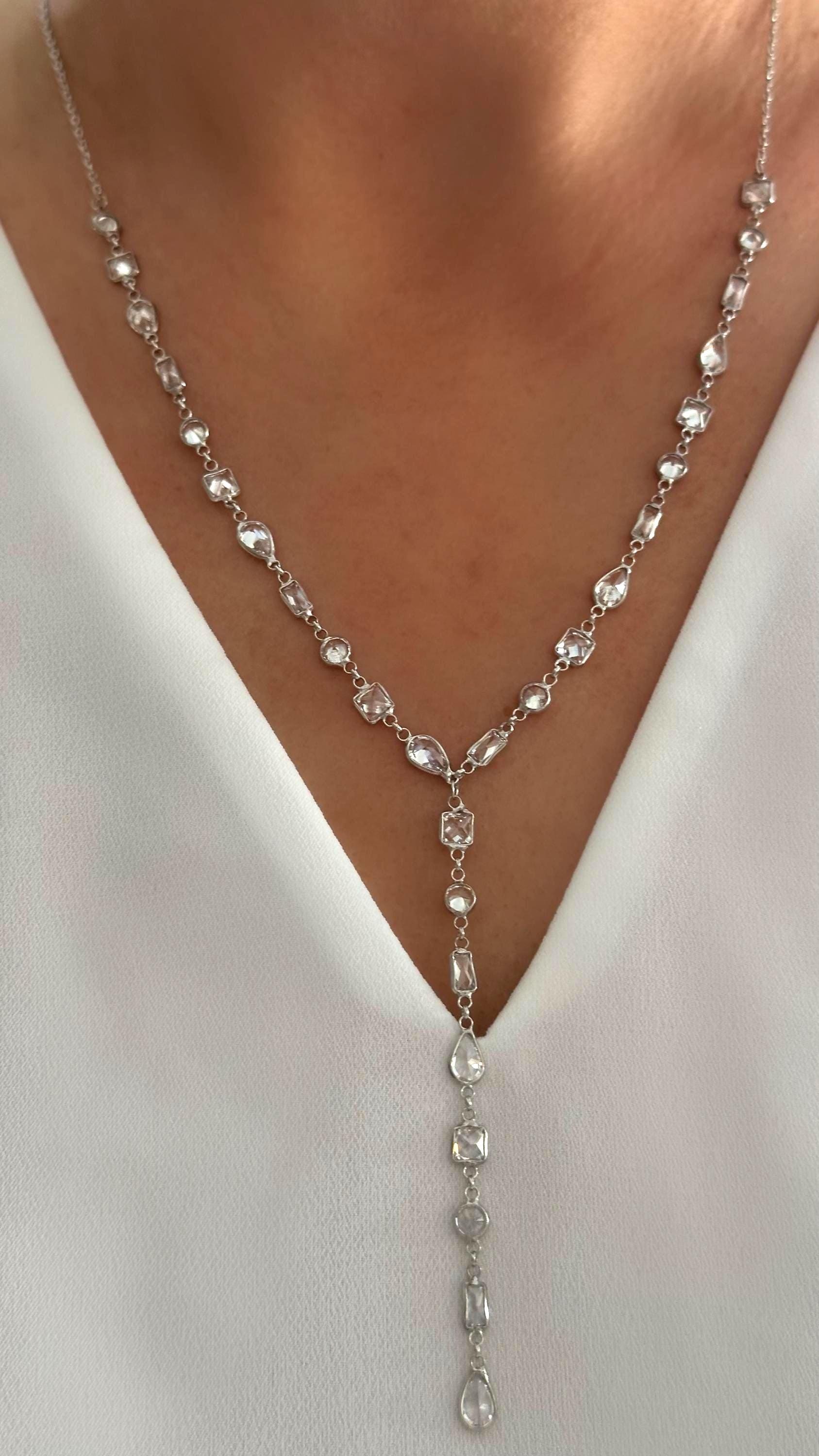 Sterling Silver Lariat Necklace: Multicolor Gemstone Long Y Drop, 14K Gold Plated