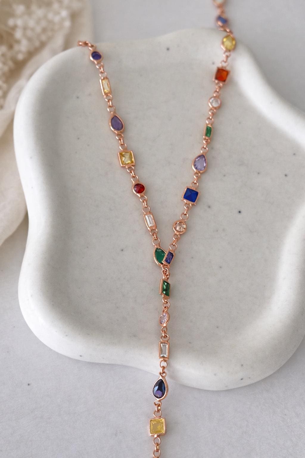 Sterling Silver Lariat Necklace: Multicolor Gemstone Long Y Drop, 14K Gold Plated