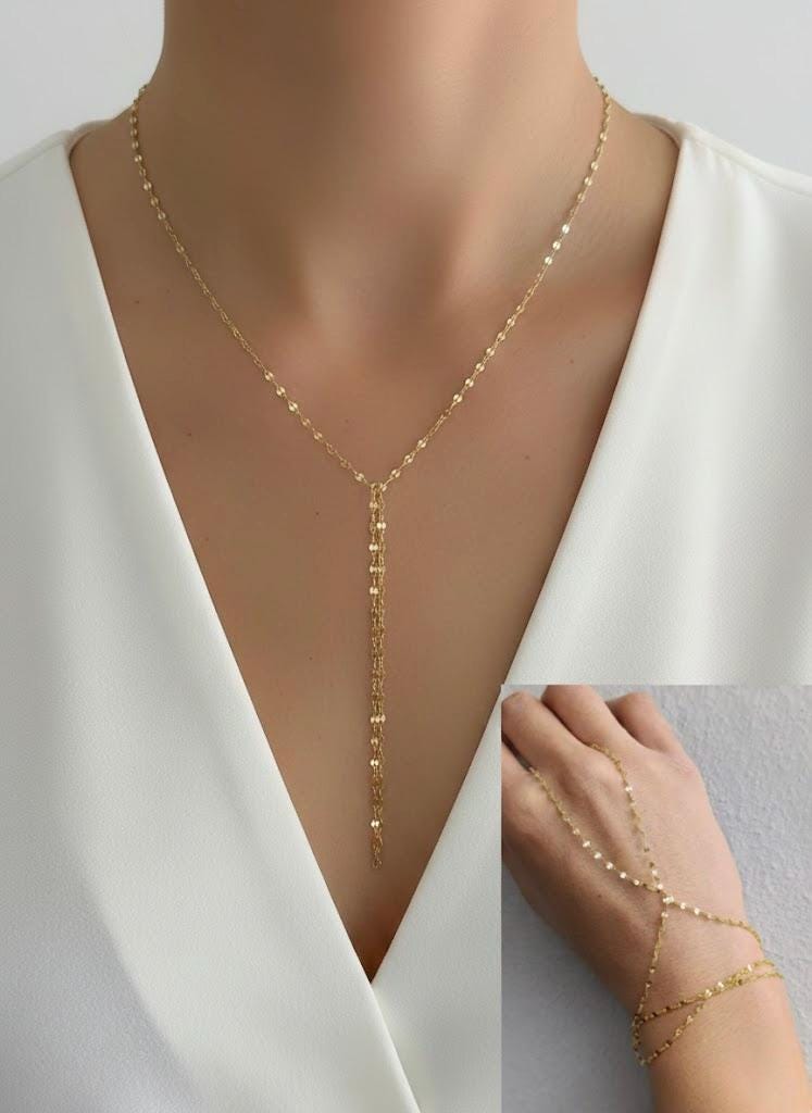 Sterling Silver Lariat Y Necklace and Hand Chain, 14k Gold Finger Bracelet, Versatile Jewelry