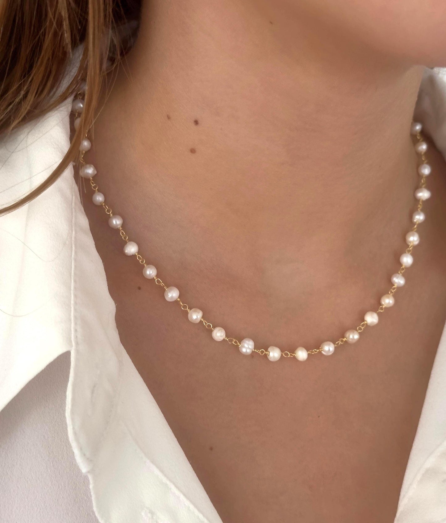 Sterling Silver Pearl Necklace: Freshwater Pearls Strand Choker 14k Gold Plated Wedding Jewelry