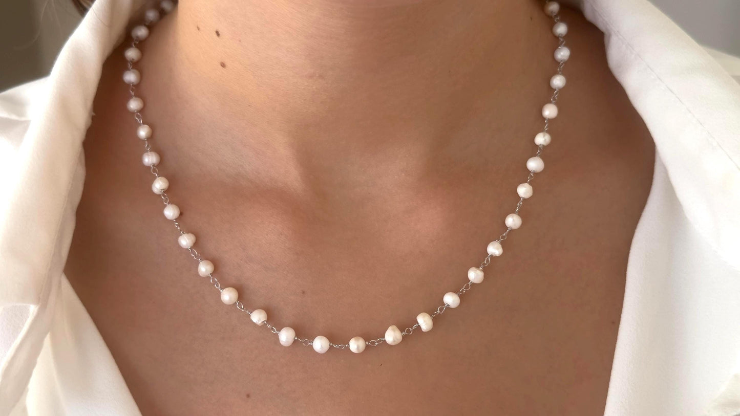 Sterling Silver Pearl Necklace: Freshwater Pearls Strand Choker 14k Gold Plated Wedding Jewelry