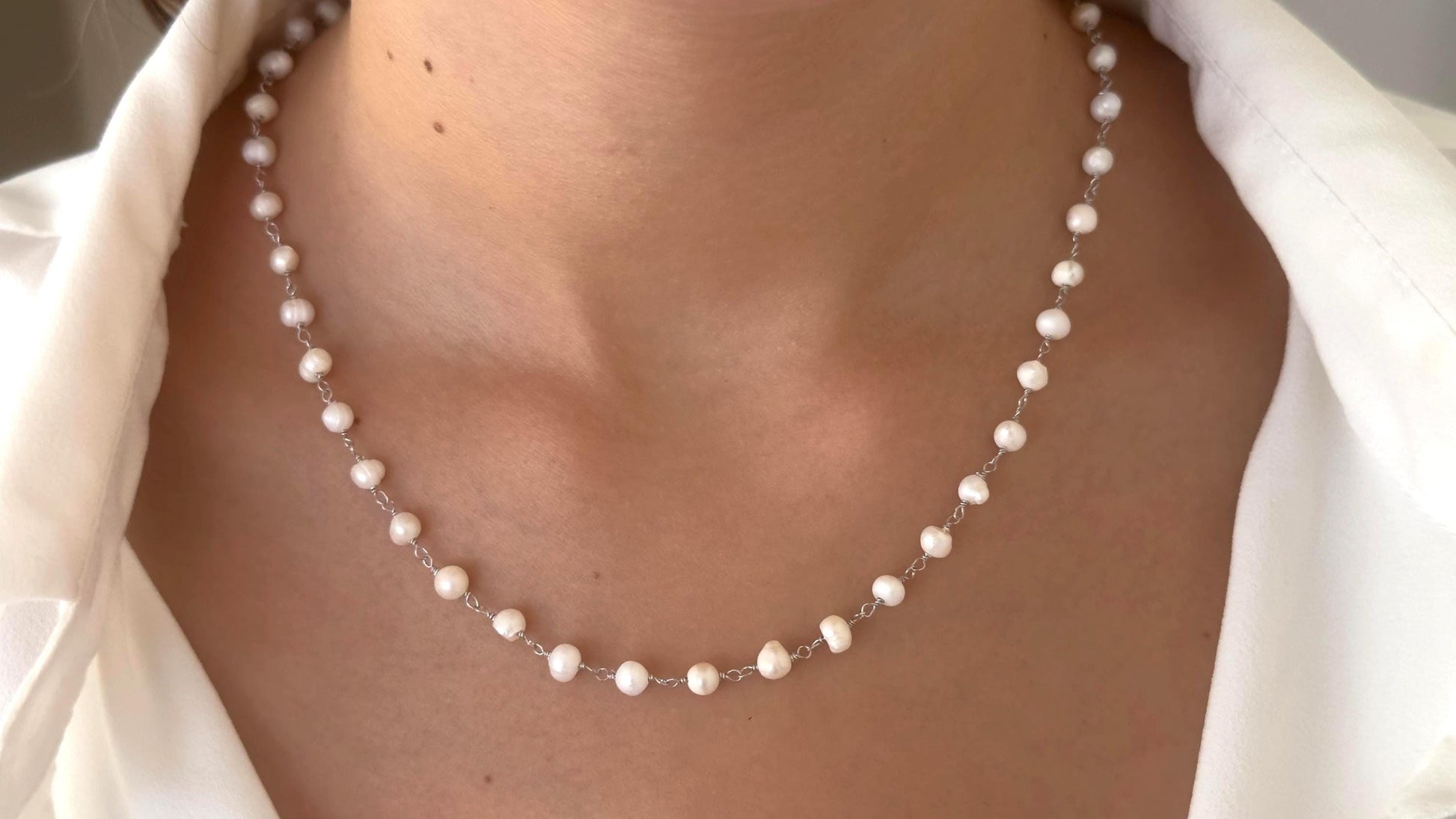 Sterling Silver Pearl Necklace: Freshwater Pearls Strand Choker 14k Gold Plated Wedding Jewelry