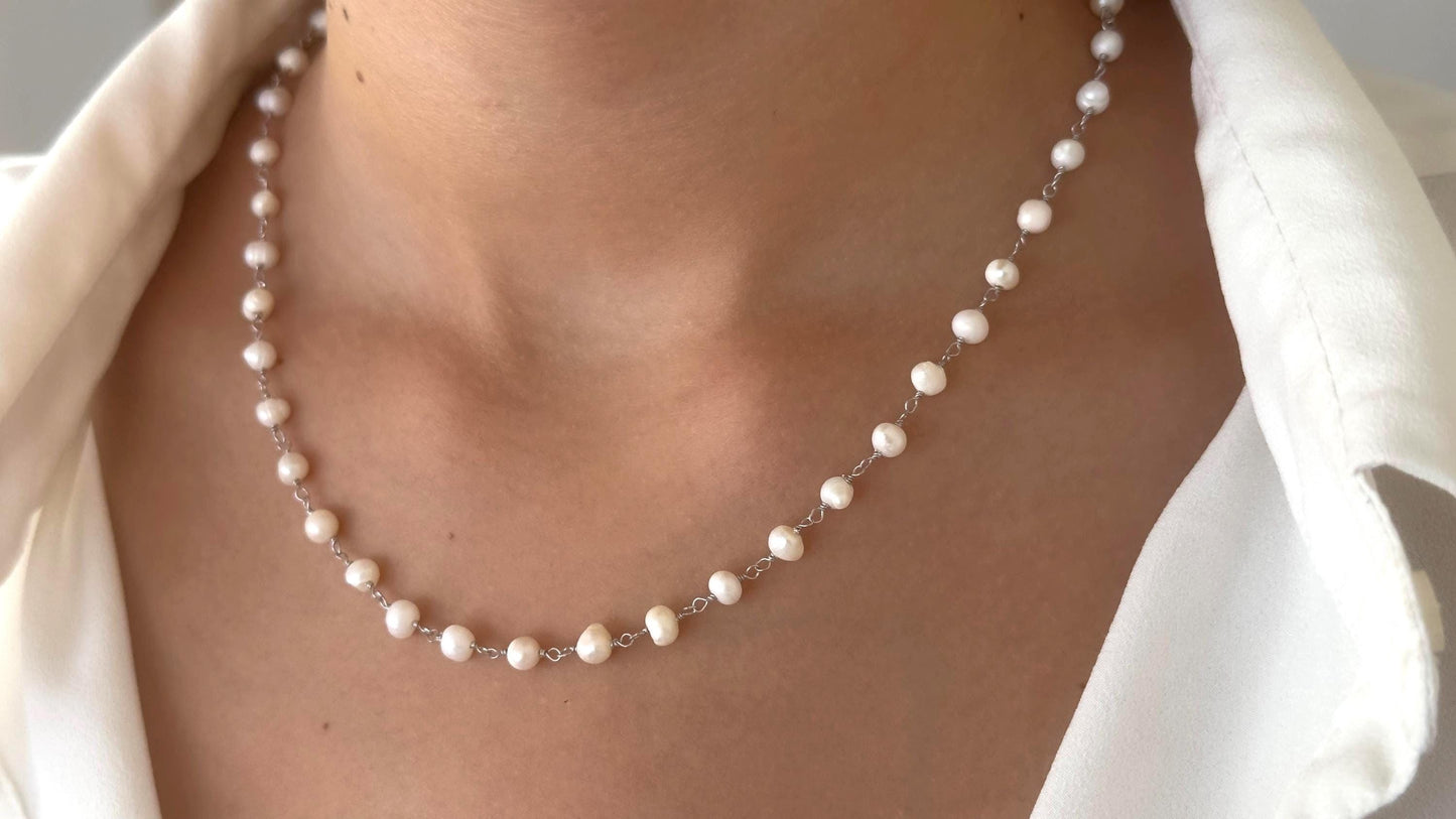 Sterling Silver Pearl Necklace: Freshwater Pearls Strand Choker 14k Gold Plated Wedding Jewelry