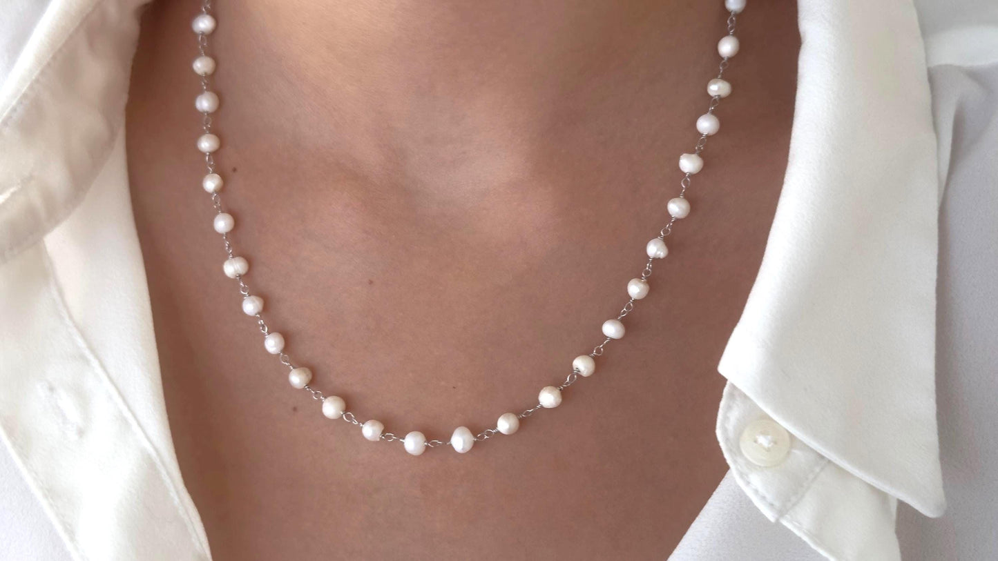 Sterling Silver Pearl Necklace: Freshwater Pearls Strand Choker 14k Gold Plated Wedding Jewelry