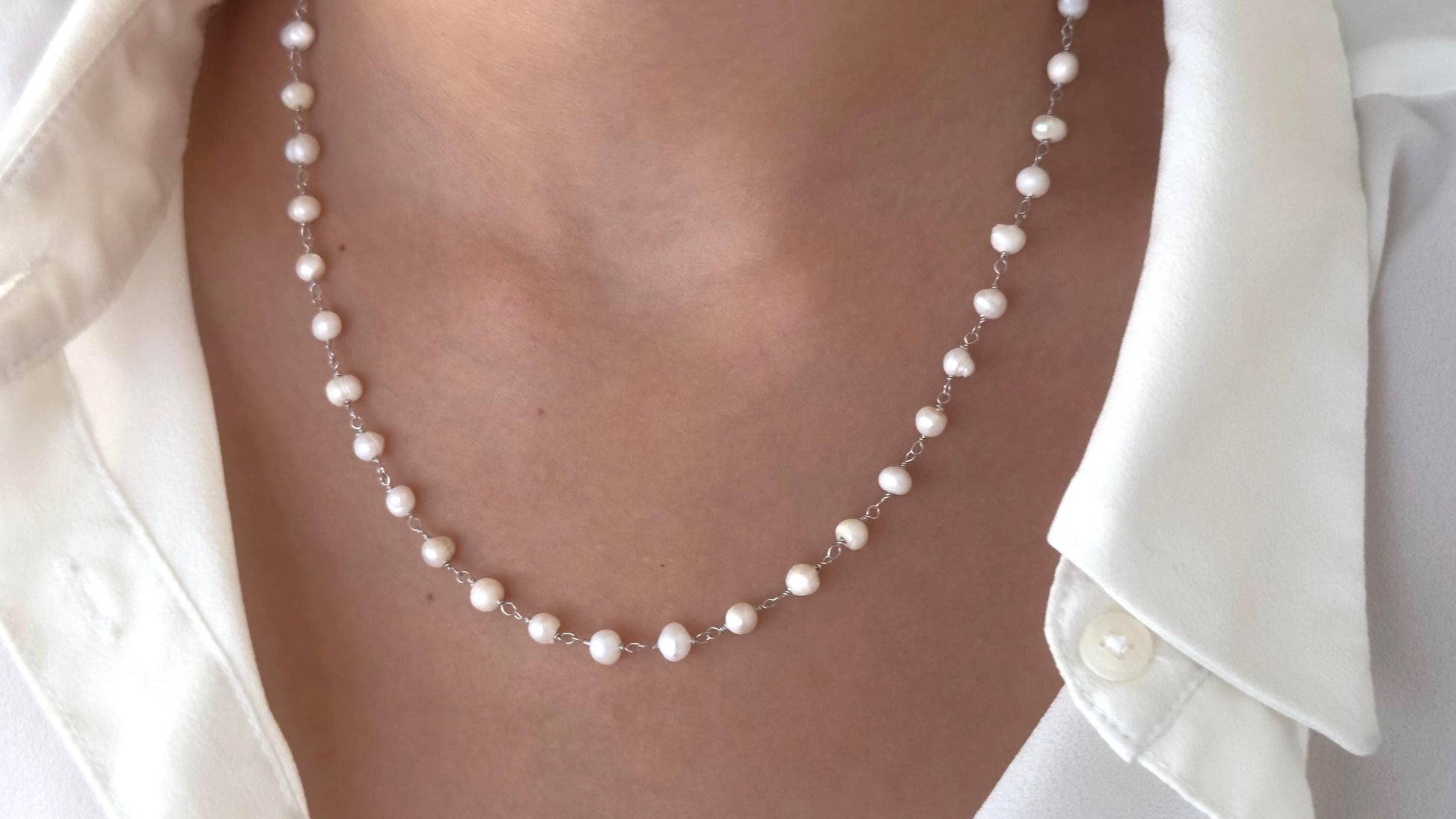 Sterling Silver Pearl Necklace: Freshwater Pearls Strand Choker 14k Gold Plated Wedding Jewelry