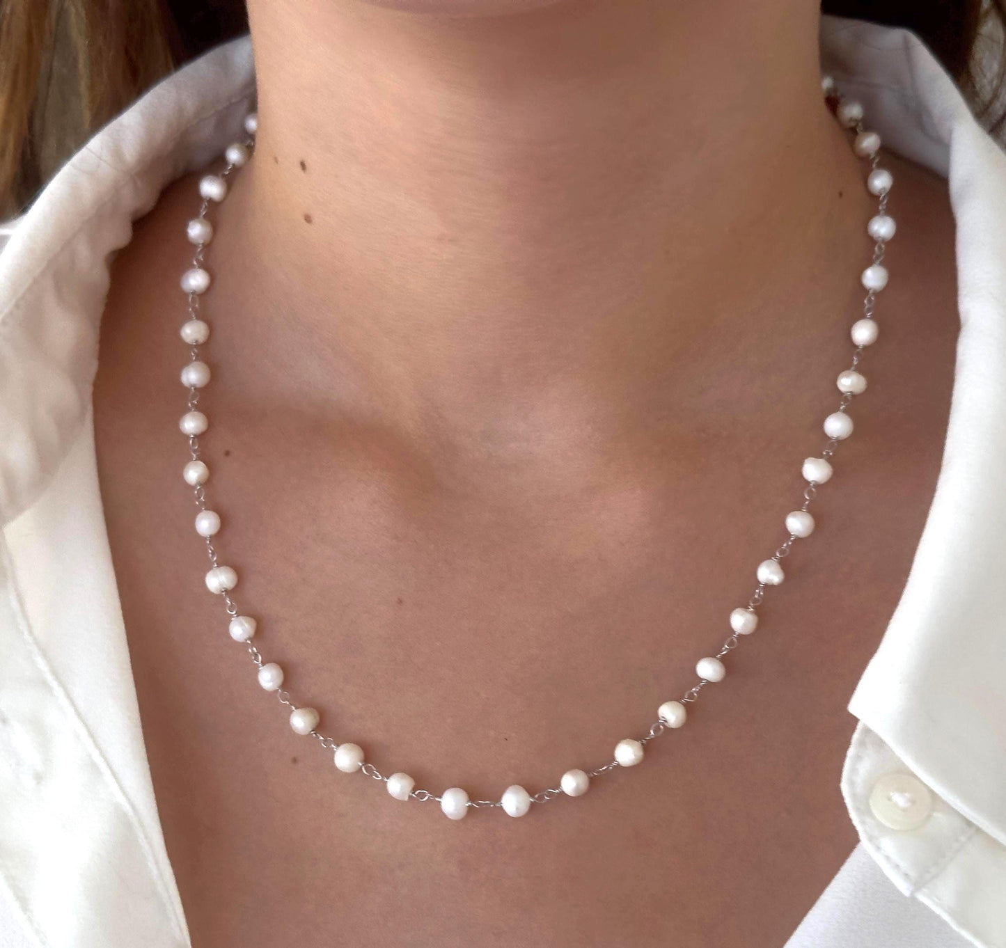 Sterling Silver Pearl Necklace: Freshwater Pearls Strand Choker 14k Gold Plated Wedding Jewelry