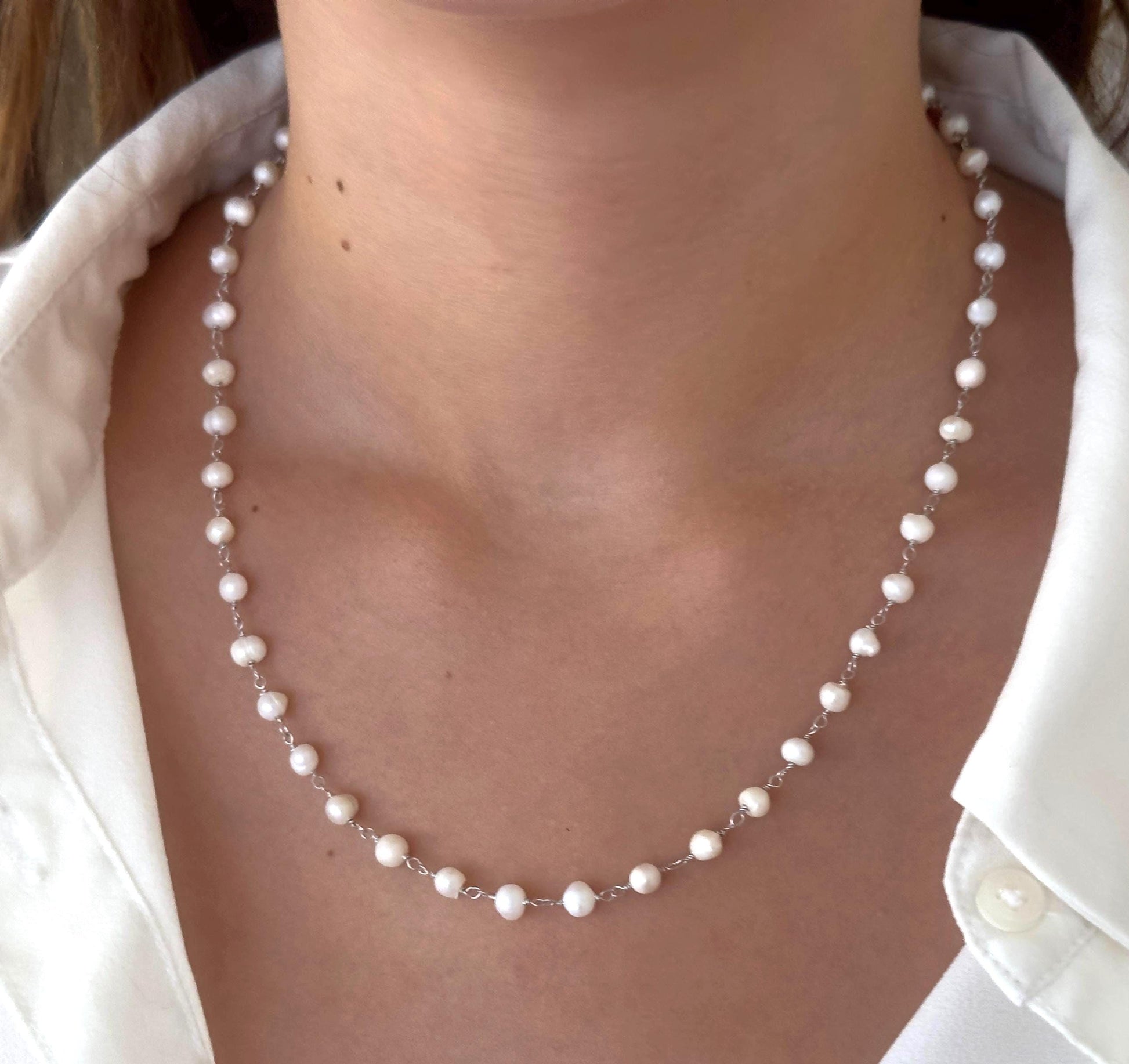 Sterling Silver Pearl Necklace: Freshwater Pearls Strand Choker 14k Gold Plated Wedding Jewelry