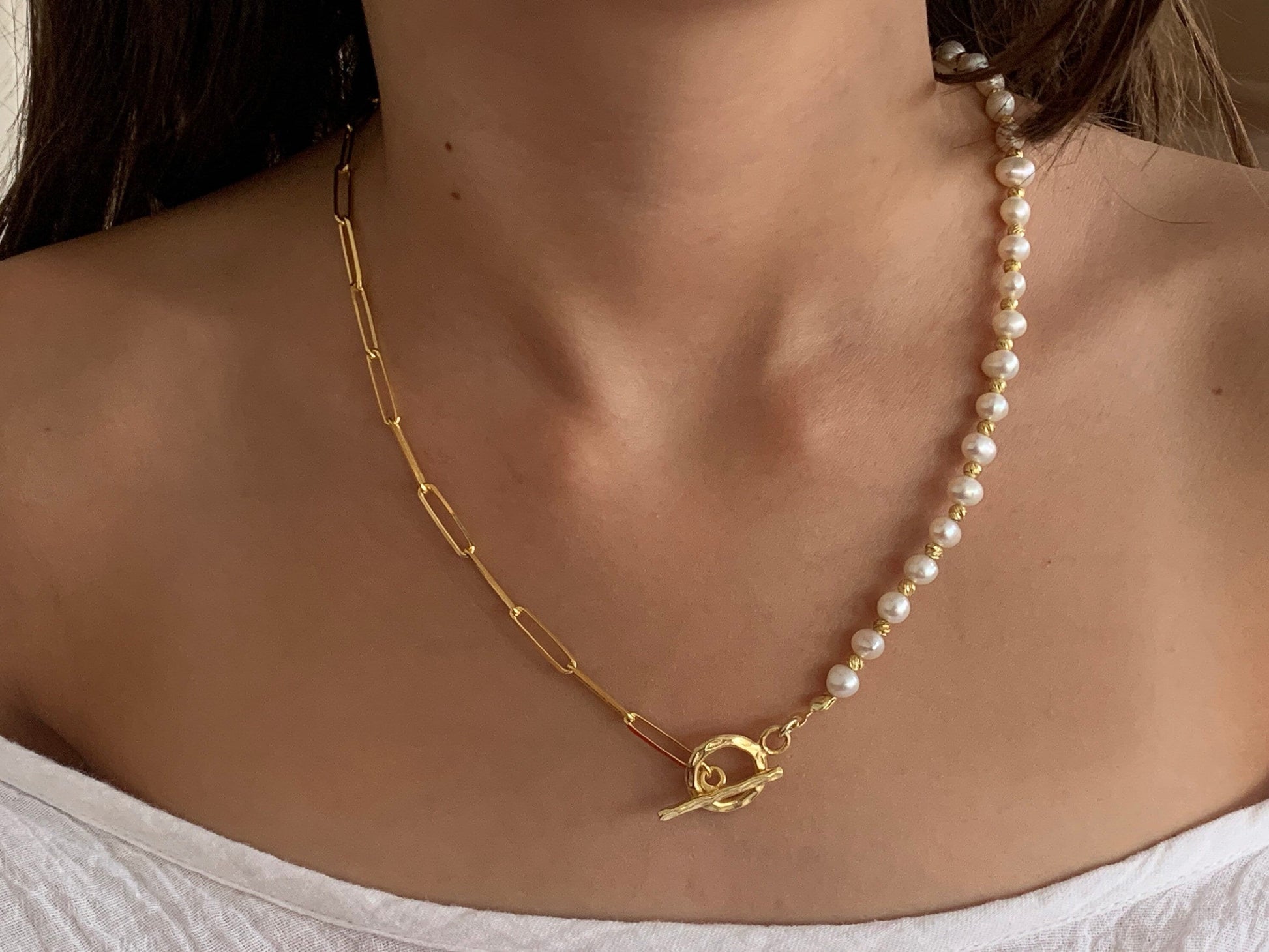 Sterling Silver Pearl Necklace: 14k Gold Paperclip Link Chain Necklaces Toggle Clasp