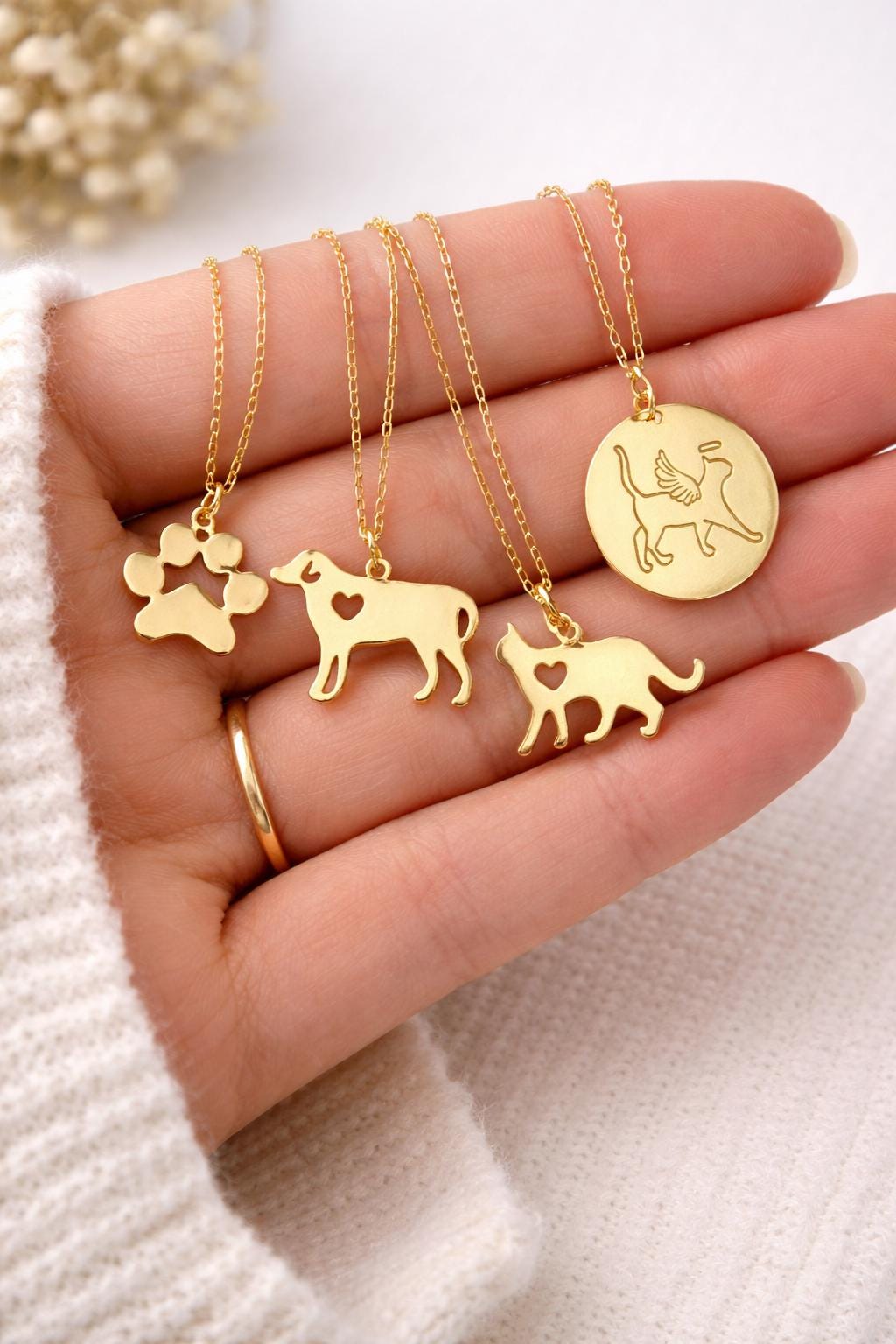 Pet memorial necklace collection with paw dog cat pendants