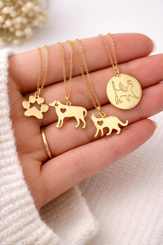 Pet memorial necklace collection with paw dog cat pendants