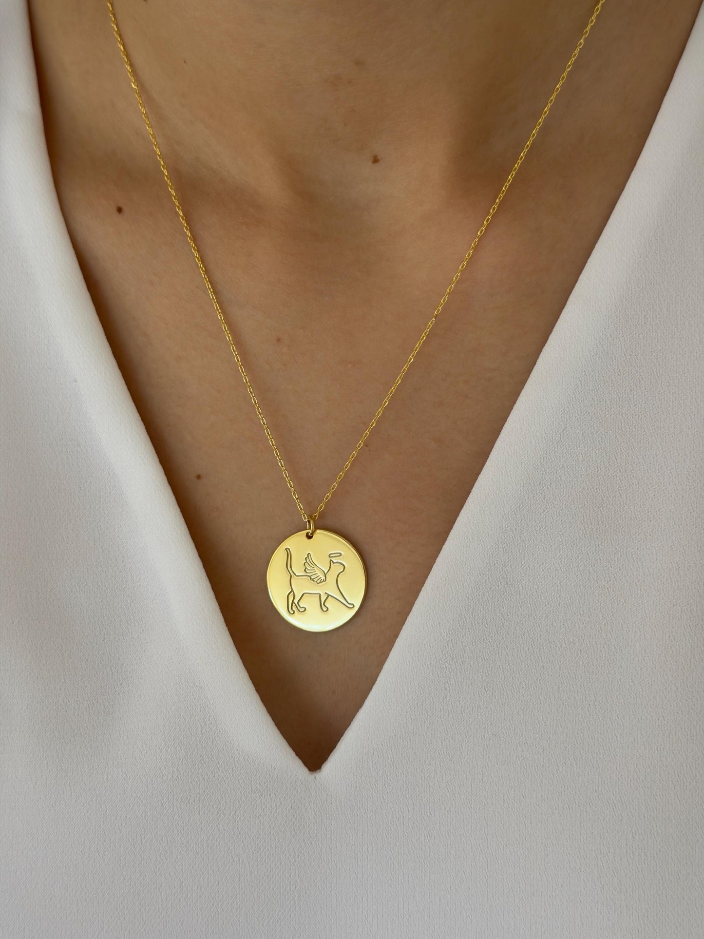 Angel winged cat disc pendant necklace