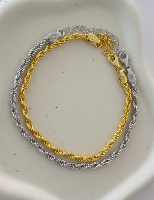 Sterling Silver Rope Chain Bracelet: 14K Gold Plated 3mm Thick Bracelets for Women, Men