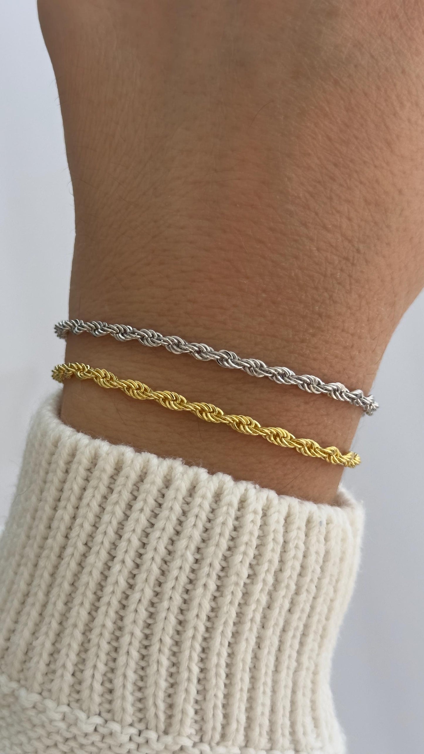 Sterling Silver Rope Chain Bracelet: 14K Gold Plated 3mm Thick Bracelets for Women, Men