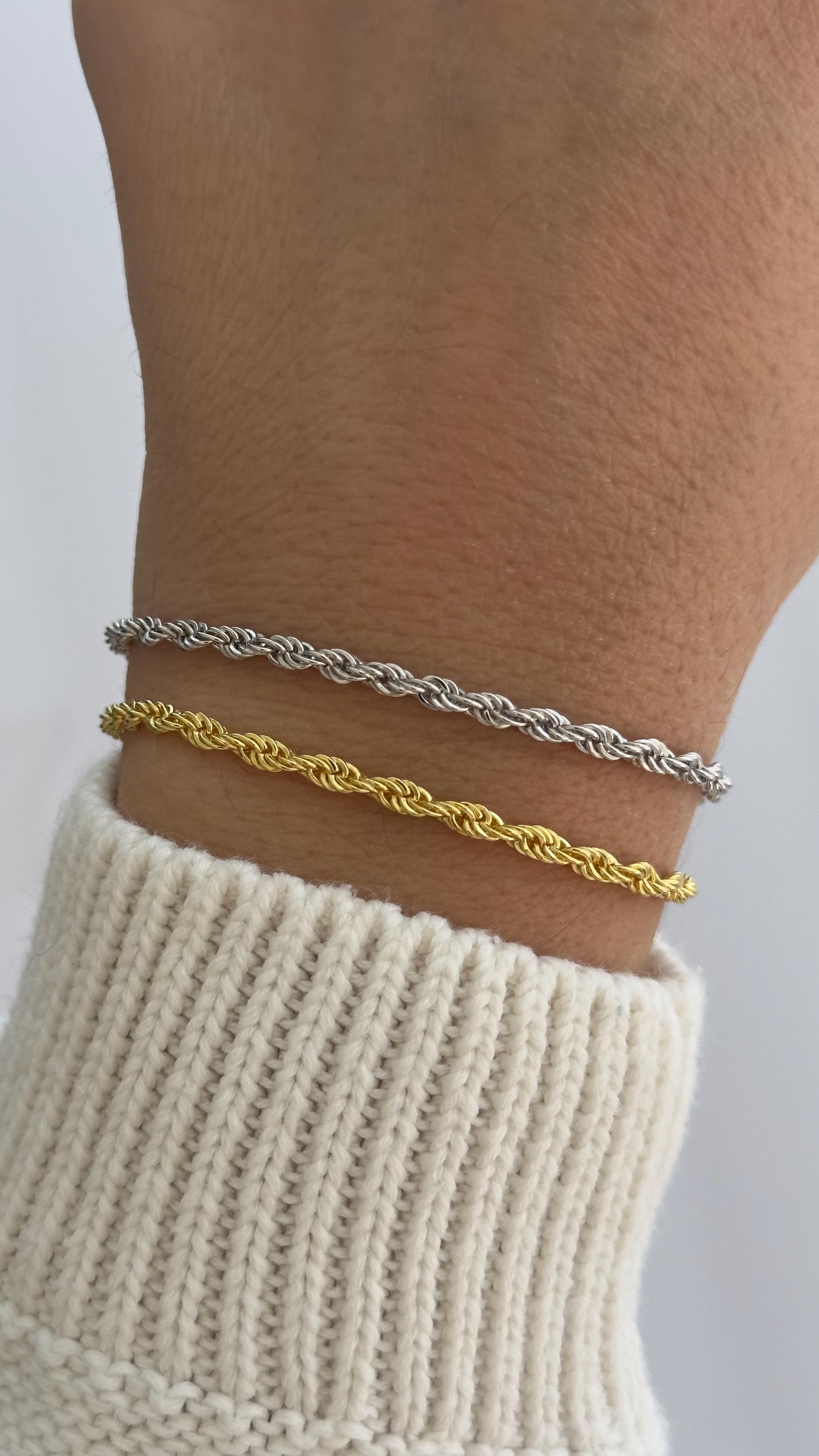 Sterling Silver Rope Chain Bracelet: 14K Gold Plated 3mm Thick Bracelets for Women, Men