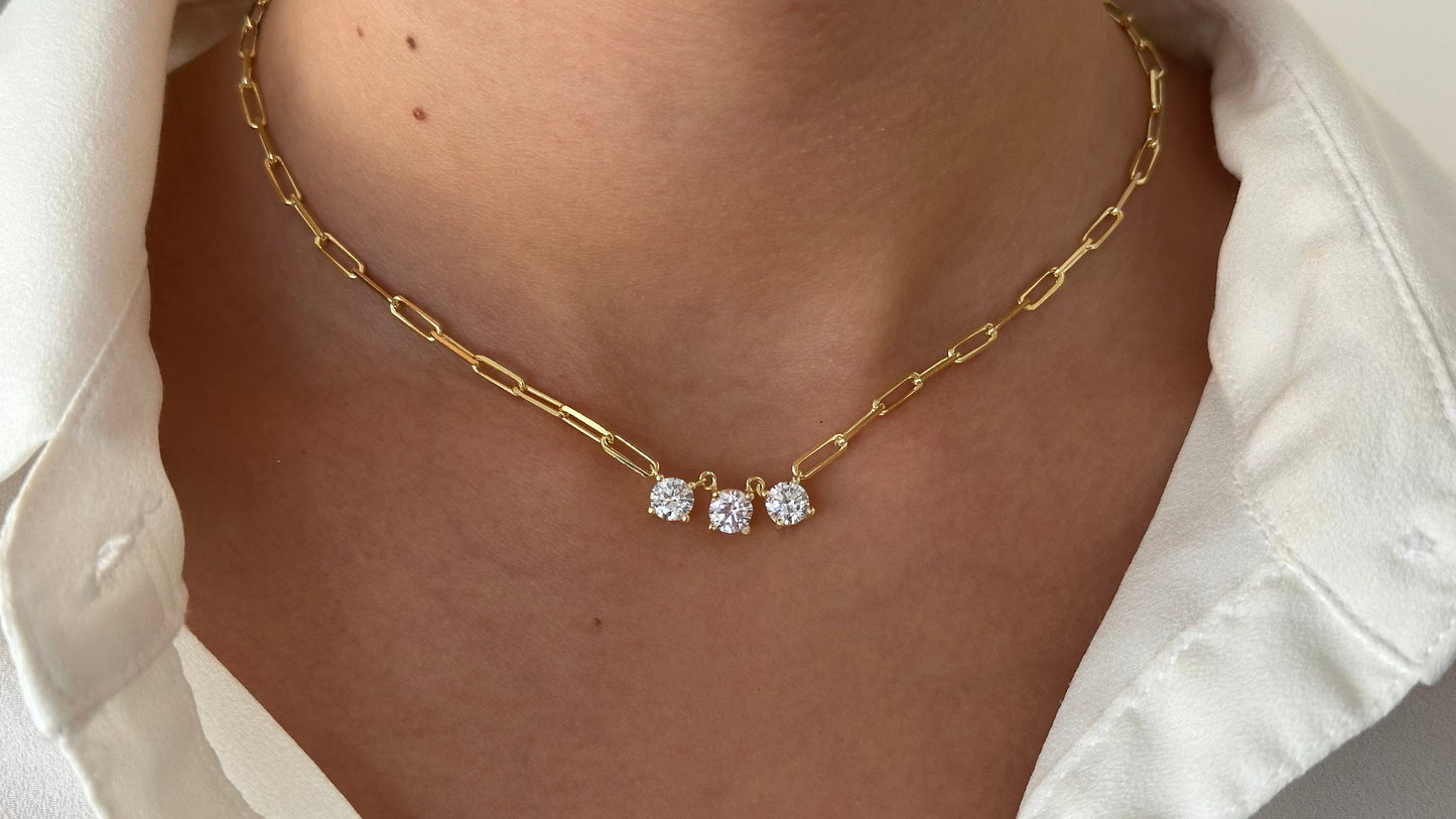 Gold three diamond solitaire necklace on paper link chain, multiple cz gemstone, layering necklaces, gifts for bridesmaid, handmade jewelry Minimalist