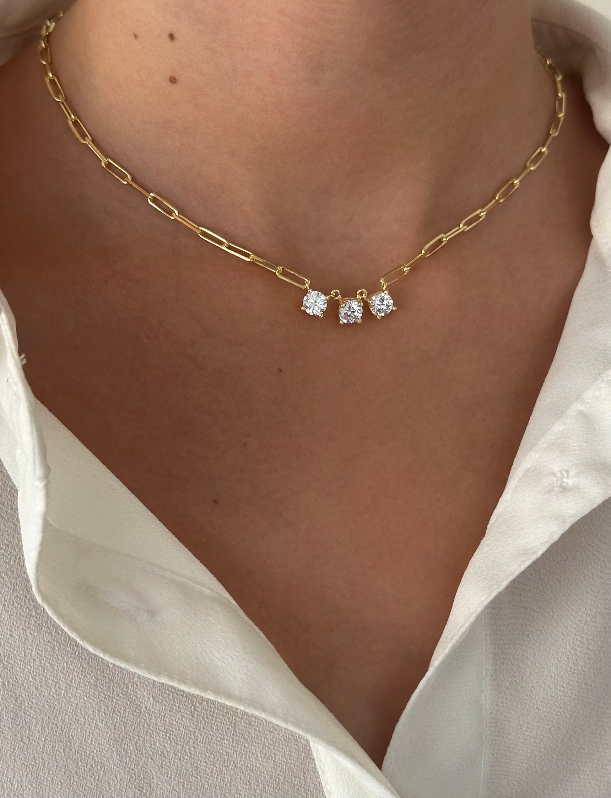 Sterling Silver Solitaire Diamond Necklace: 14k Gold Plated Paperclip Chain Bridesmaid Gift