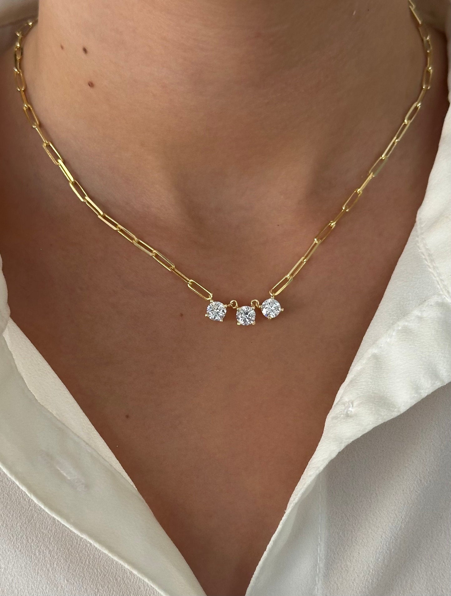 Sterling Silver Solitaire Diamond Necklace: 14k Gold Plated Paperclip Chain Bridesmaid Gift