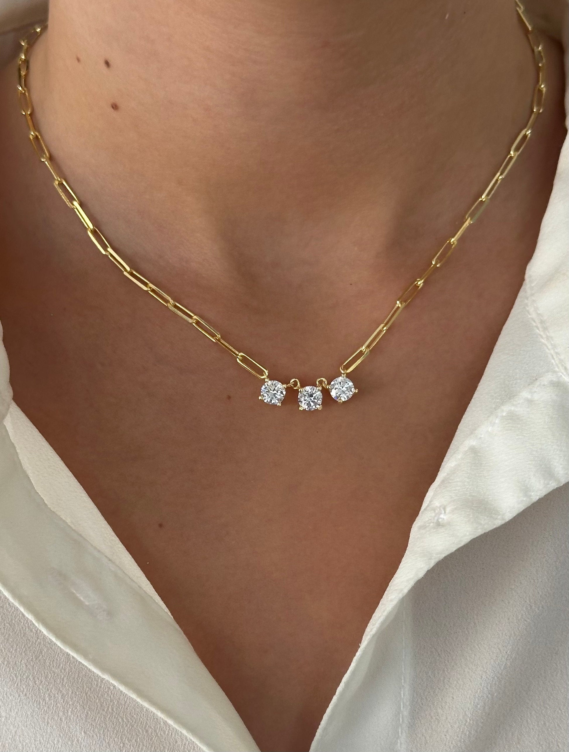Sterling Silver Solitaire Diamond Necklace: 14k Gold Plated Paperclip Chain Bridesmaid Gift