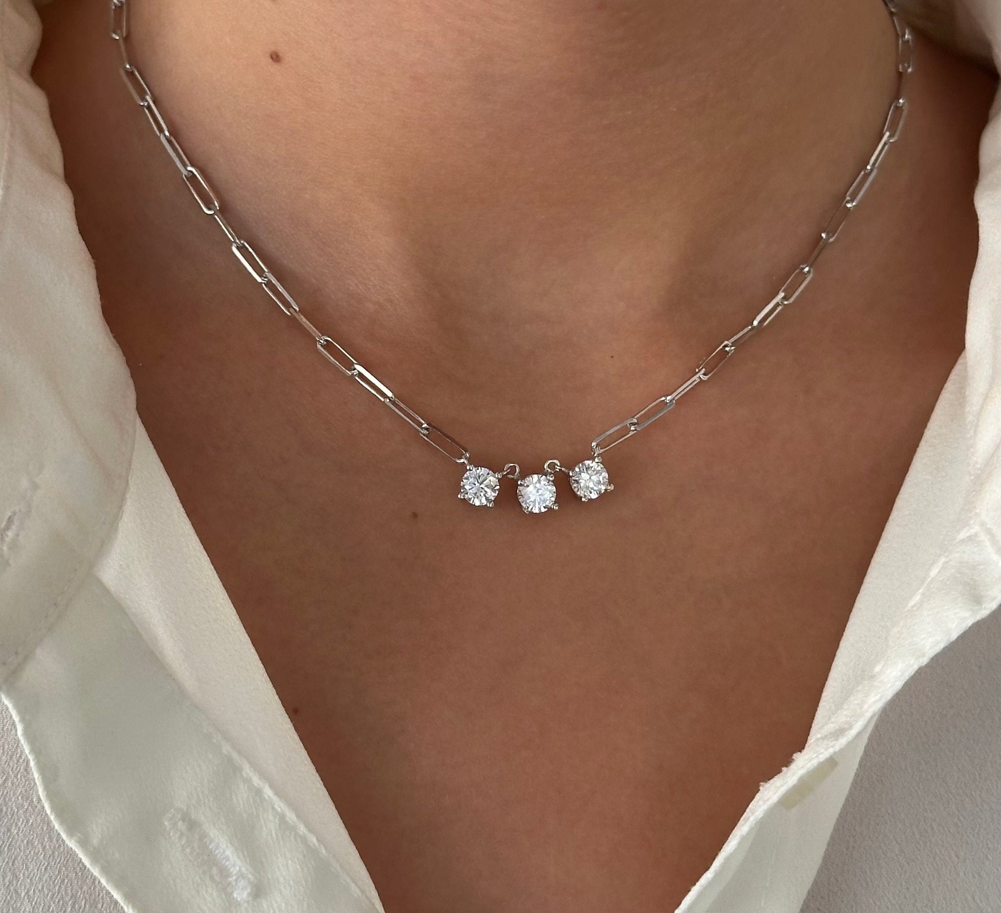 Sterling Silver Solitaire Diamond Necklace: 14k Gold Plated Paperclip Chain Bridesmaid Gift